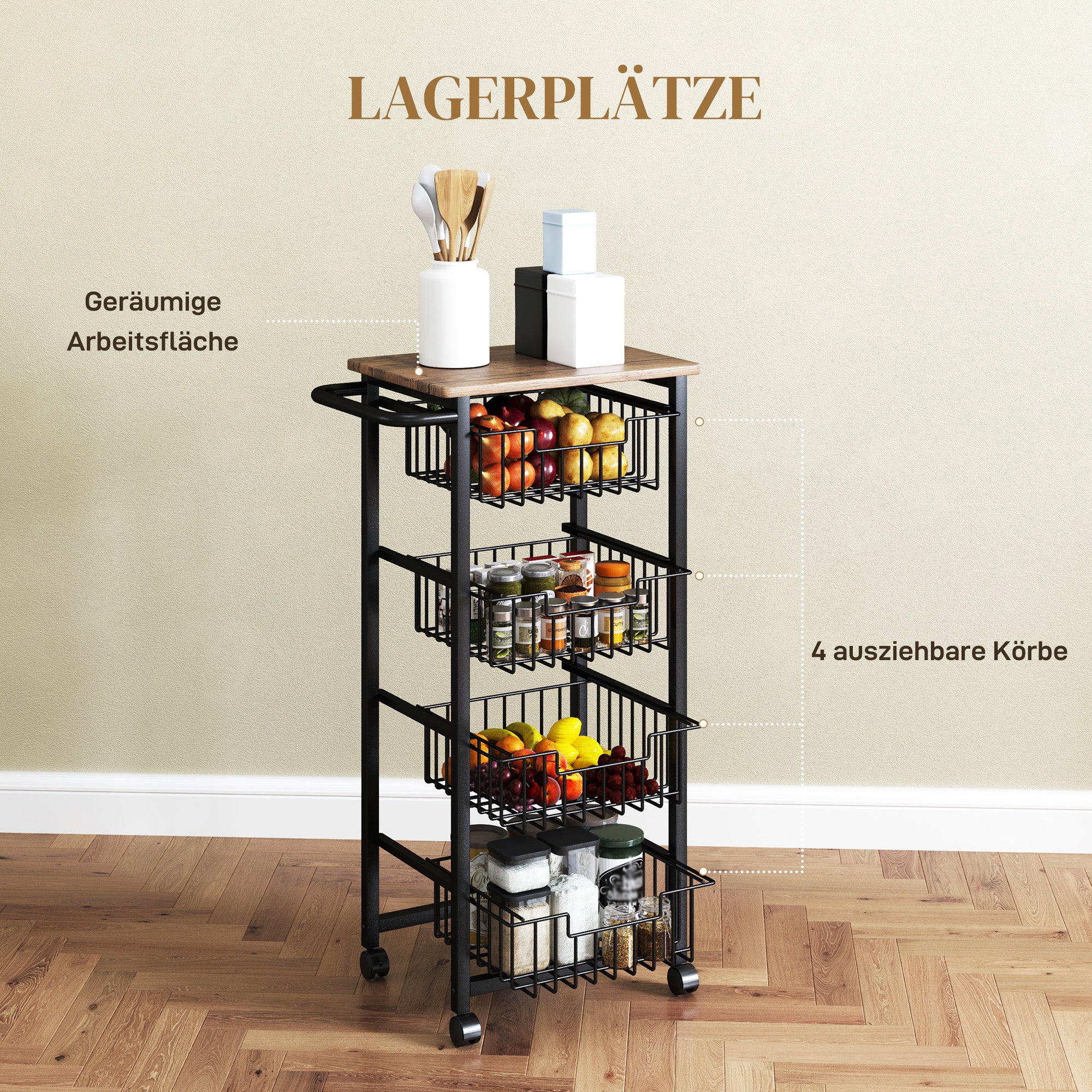 Kitchen Trolley Serving Cart with Worktop, 4 Extendable Baskets, Oak