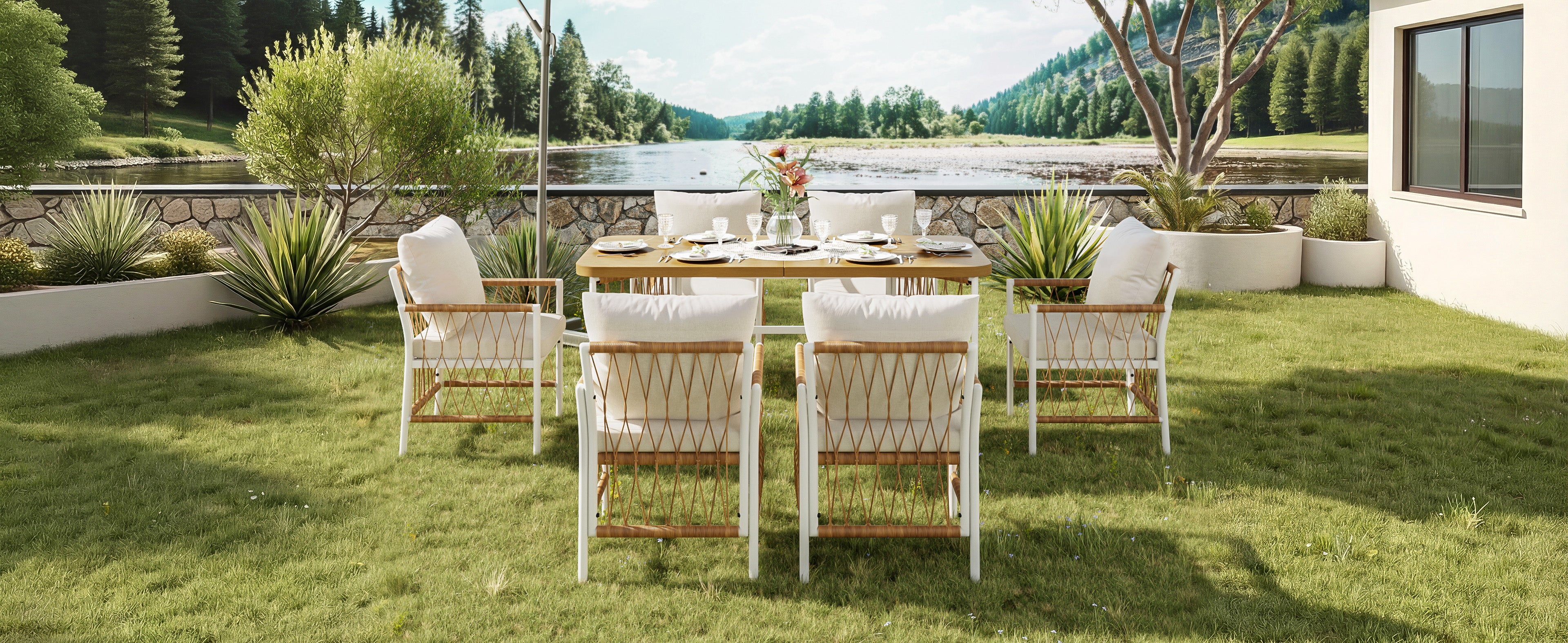 Modern Outdoor Leisure and Meeting Set with Woven Armrests and Cushions, Iron Frame