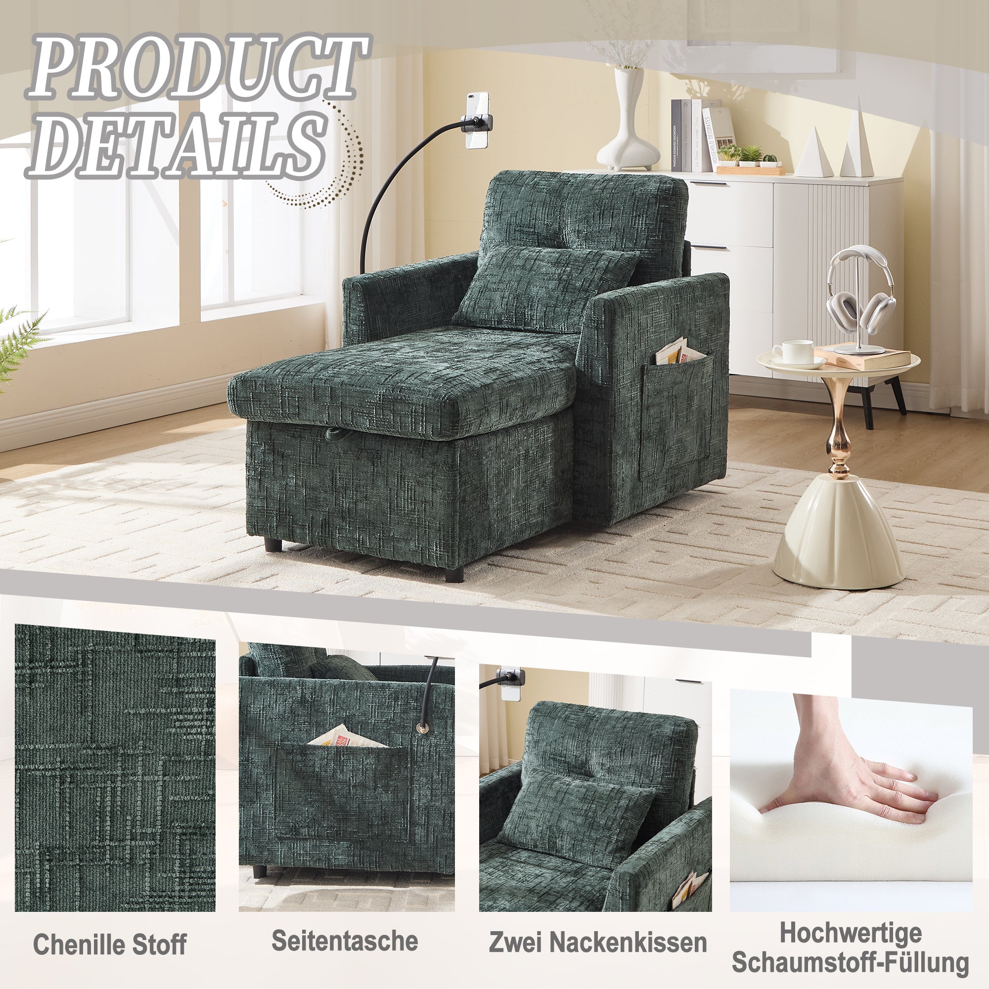 Multifunctional Lazy Sofa, Stowable Backrest with Phone Holder, Chenille