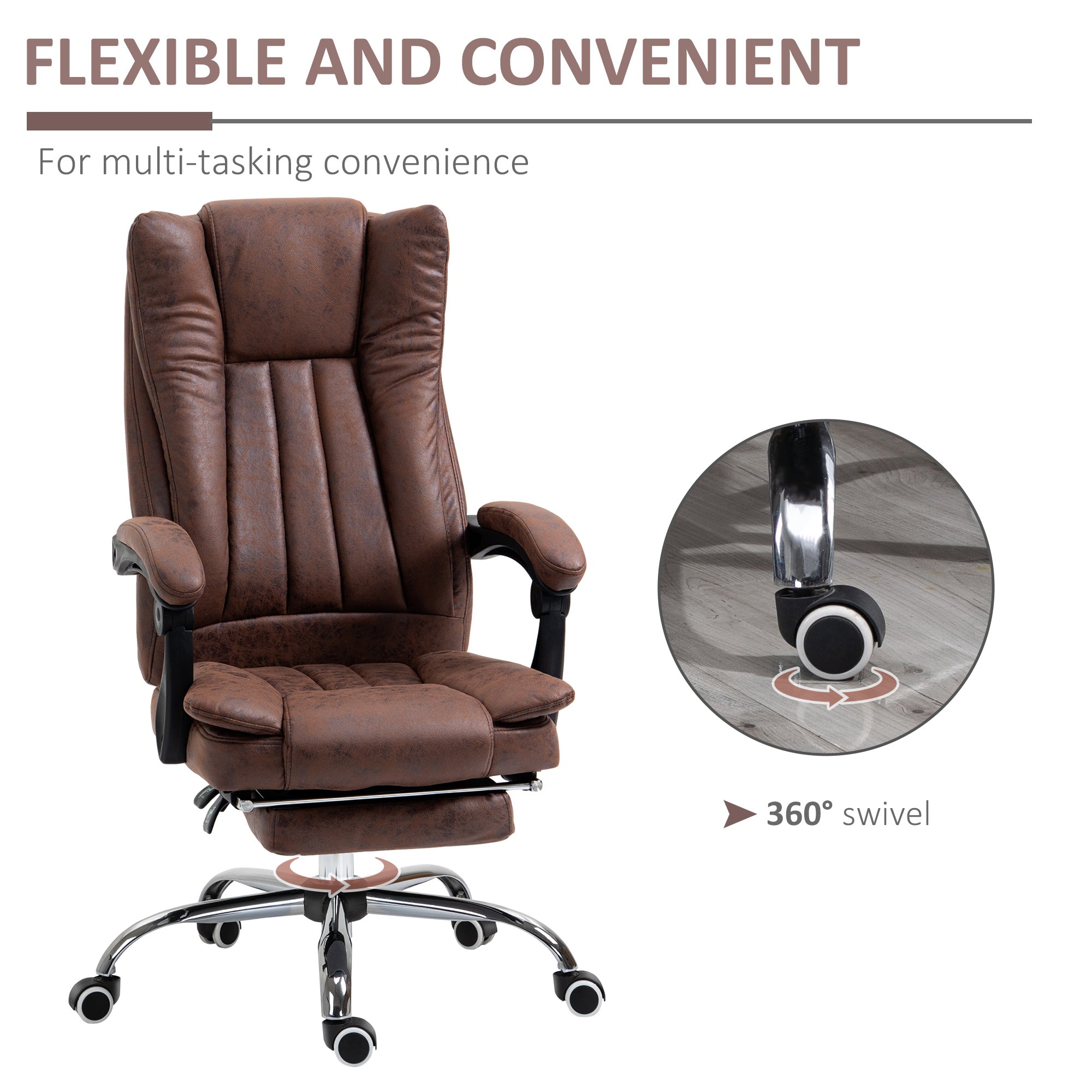Home Office Chair, Reclining Function Armrests Swivel Wheels Footrest, Microfibre Brown