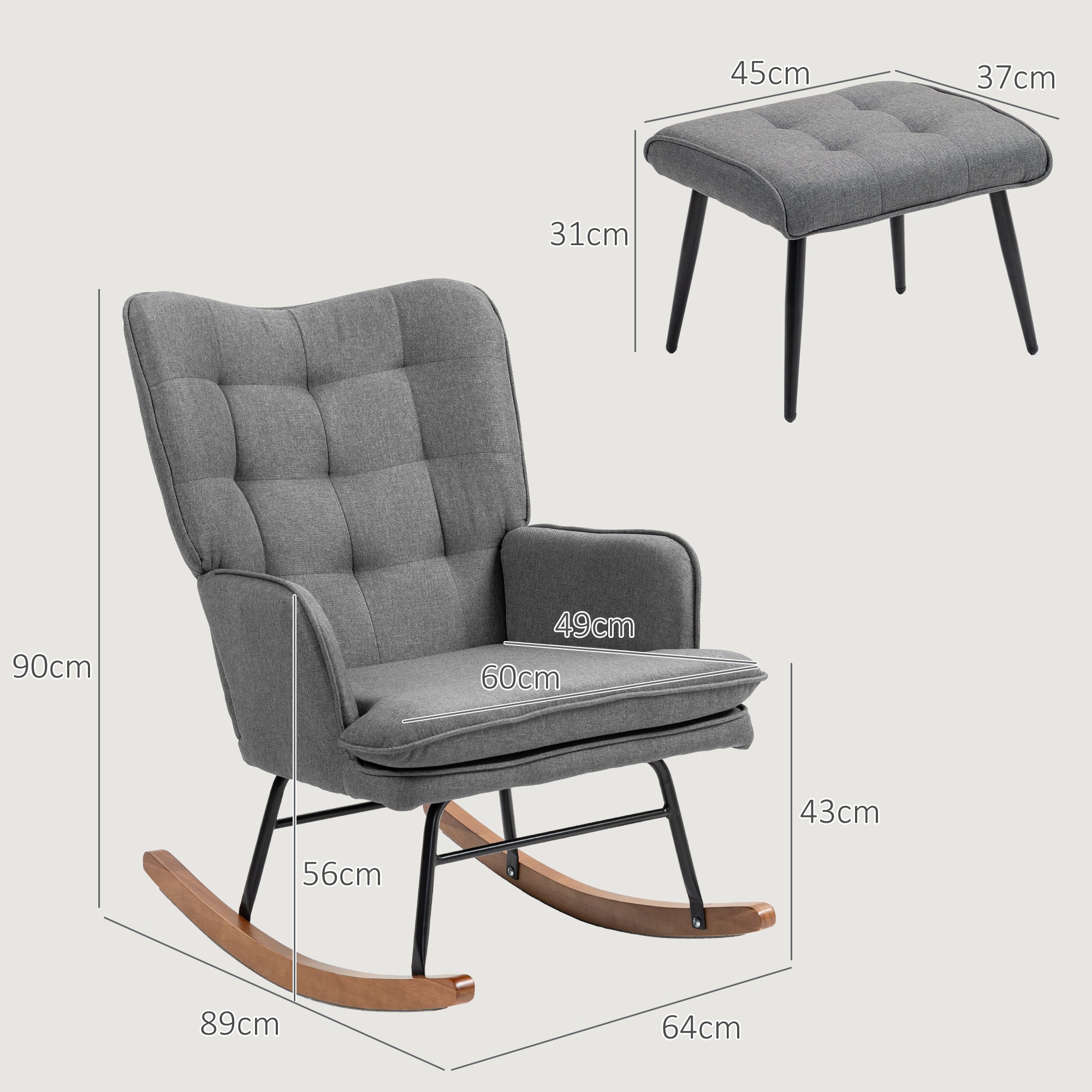 Rocking Chair with Footstool, 130kg Capacity Armrests Recliner, Linen Look