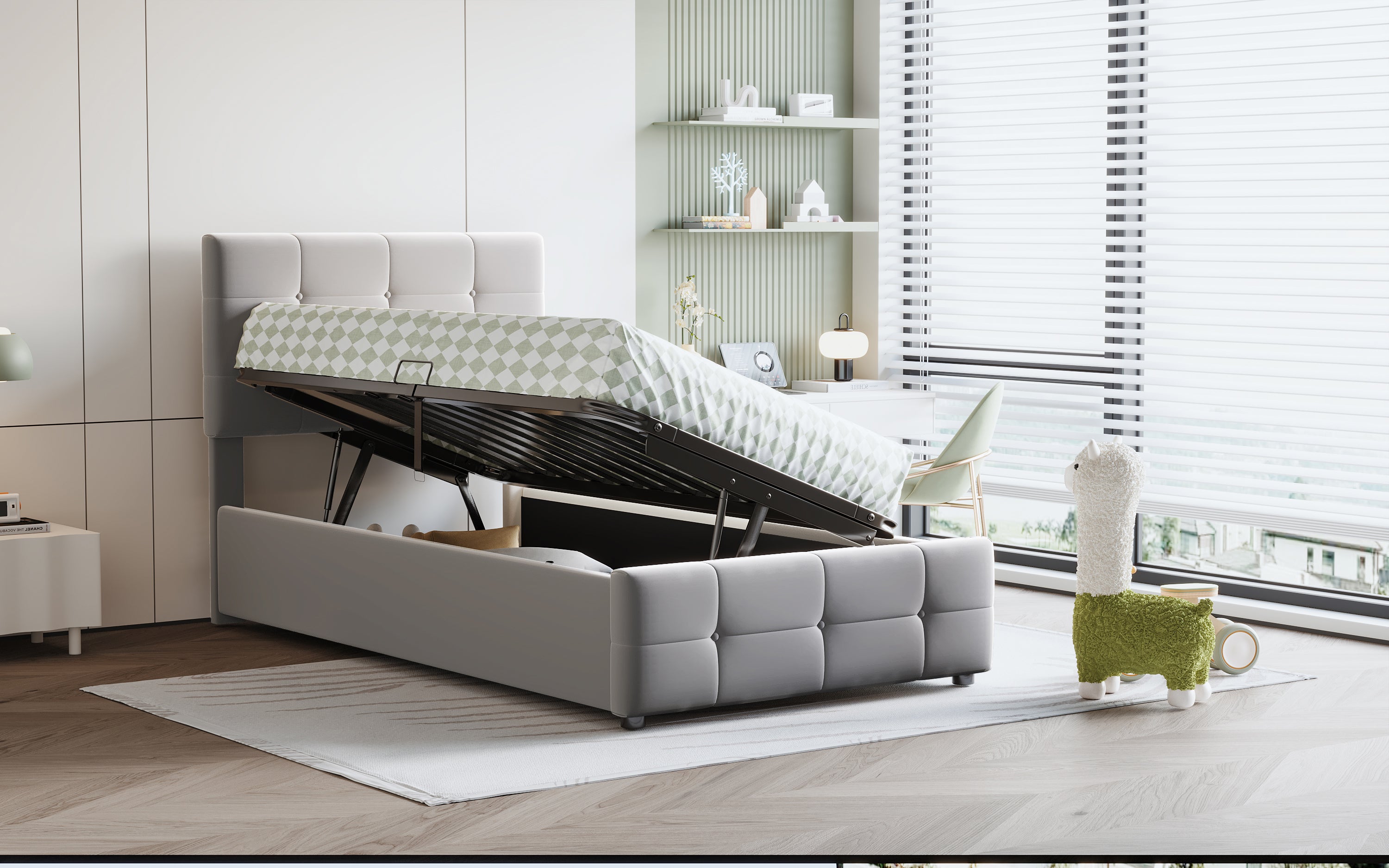 Children's Bed 90x200cm, Hydraulic Storage, Adjustable Headboard, Velvet Grey