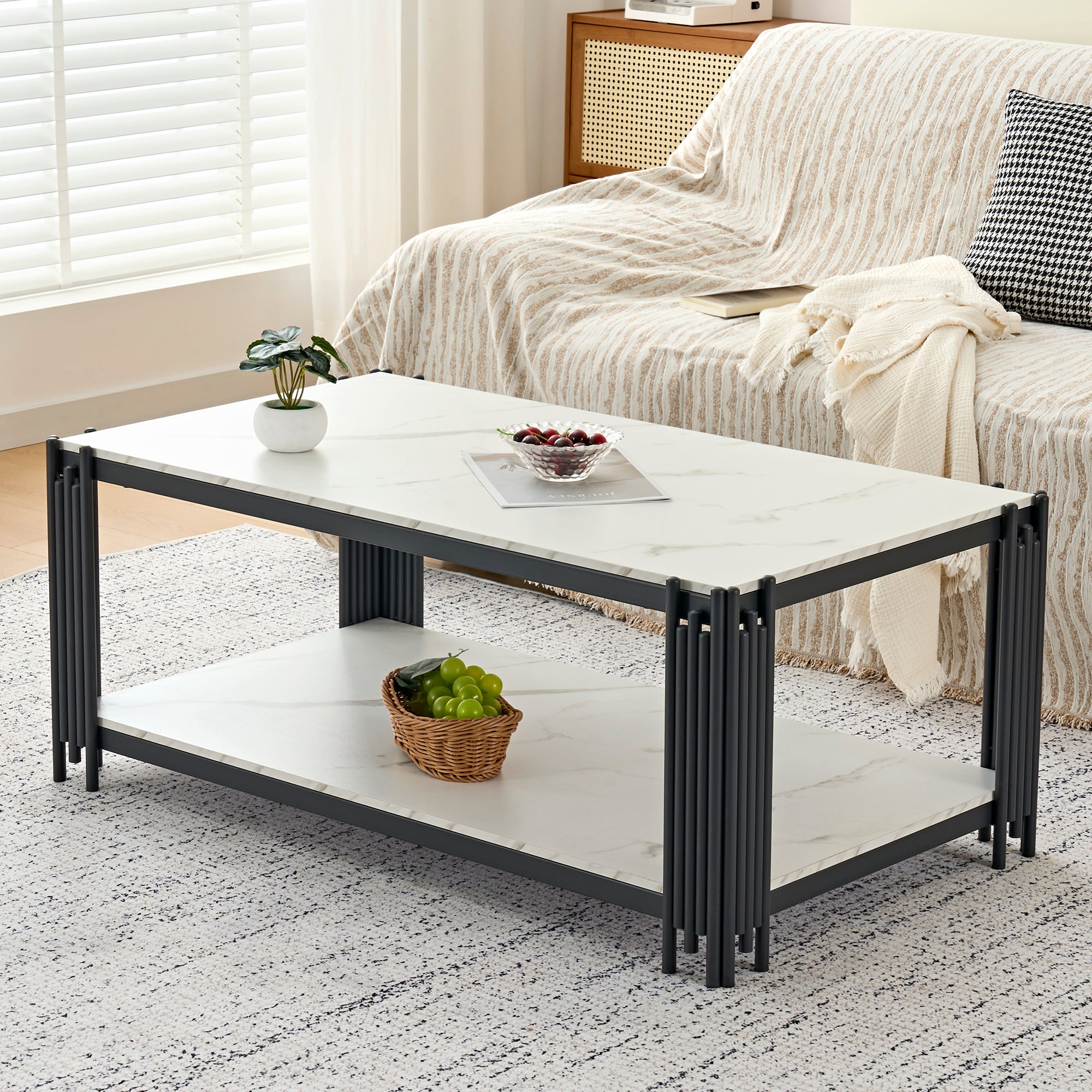 Rectangular Coffee Table Modern Marble-Effect Top Metal Legs White and Black