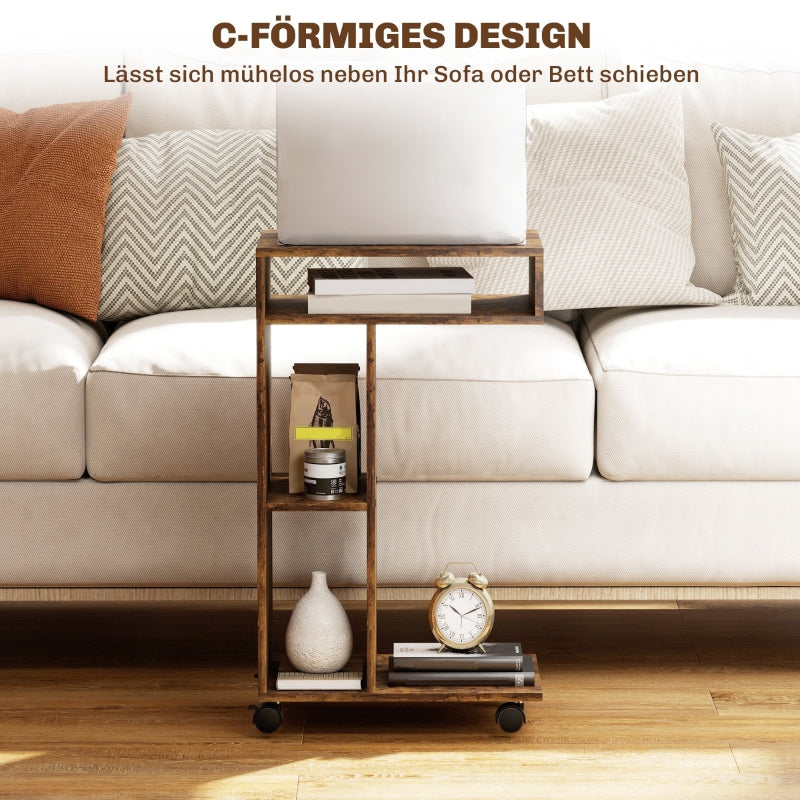 C-Shaped Serving Cart 4 Wheels 3 Compartments - Rustic Brown