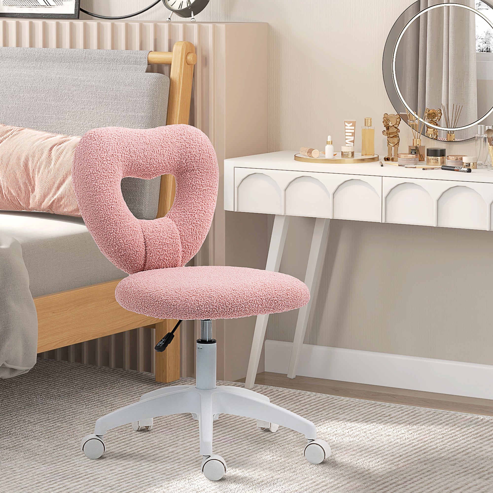 Armless Heart Chair Swivel Adjustable Height Wheels Teddy Fleece, Pink