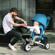 6-in-1 tricycle with push bar, removable sun canopy, 5-point safety harness, blue