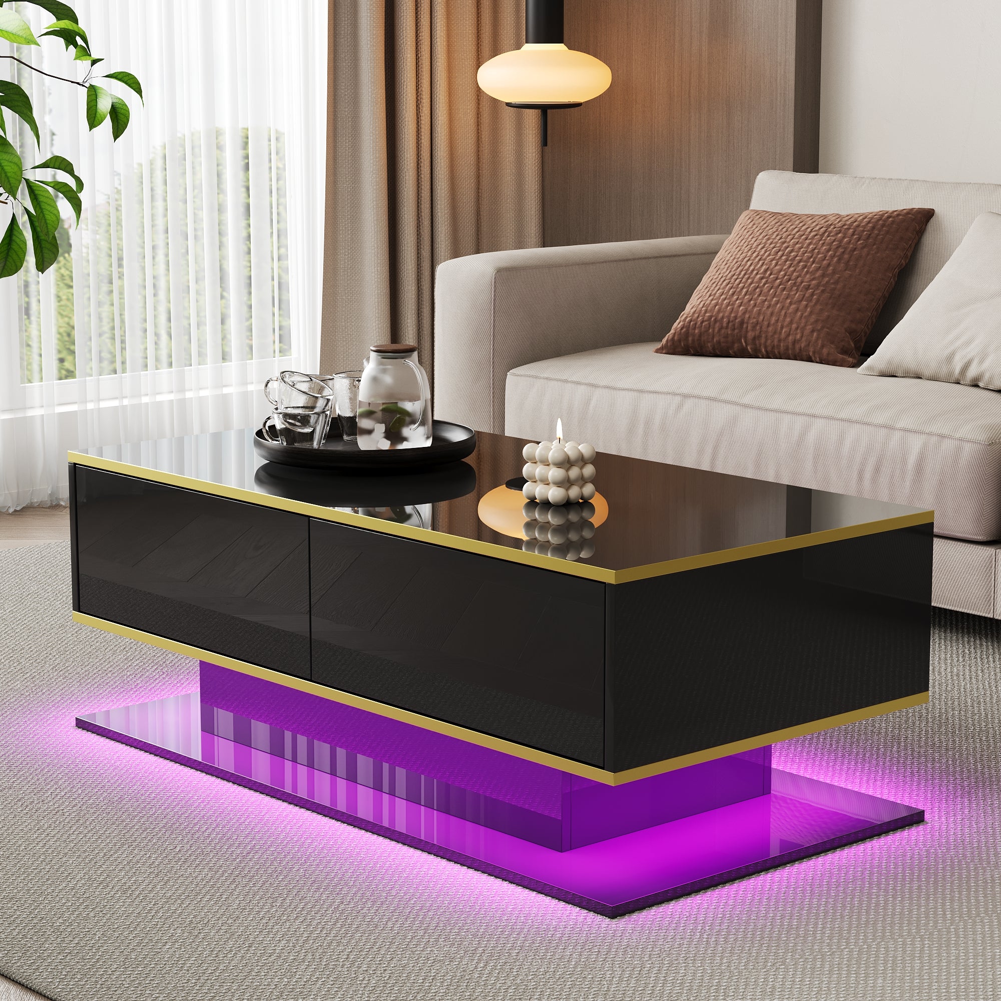 High-Gloss LED Coffee Table Modern 100cm with 3 Drawers USB Light Strip Gold Trim