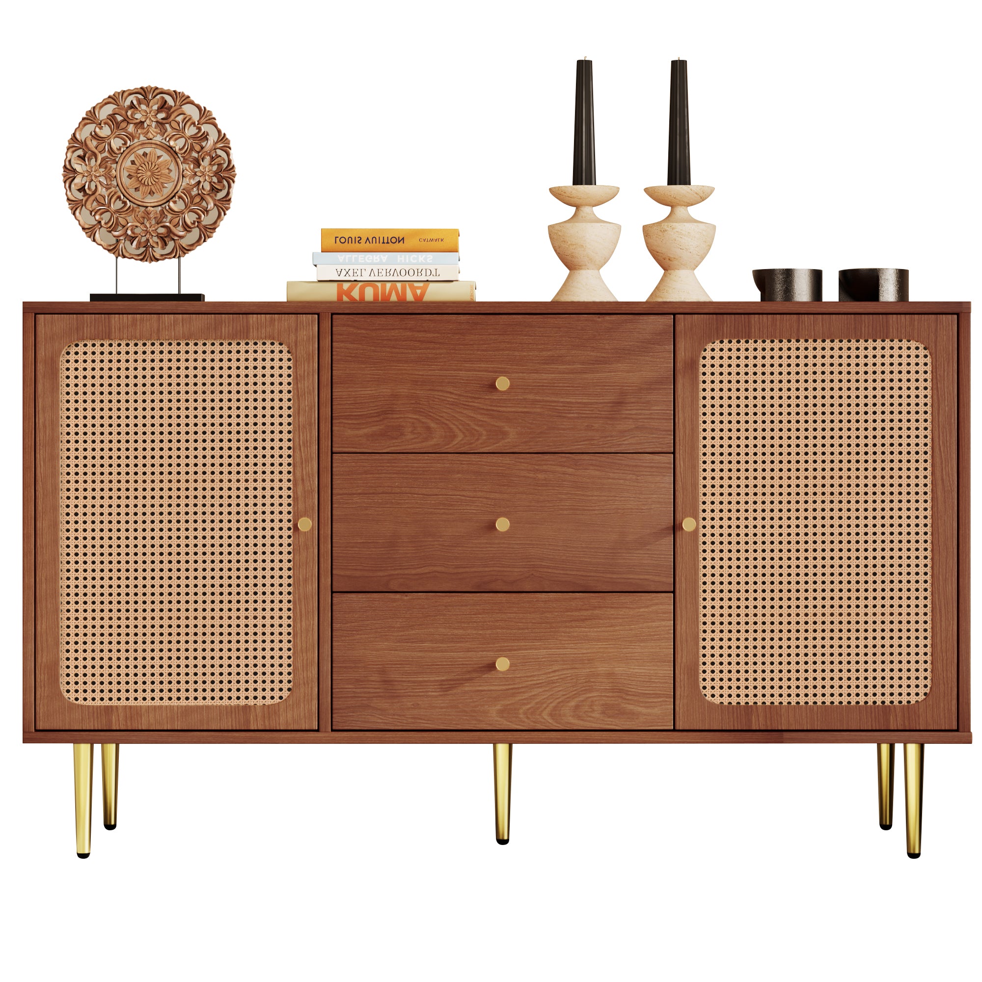 Chest of Drawers, 2 Doors, 3 Drawers, Rattan, Adjustable Shelf, Walnut