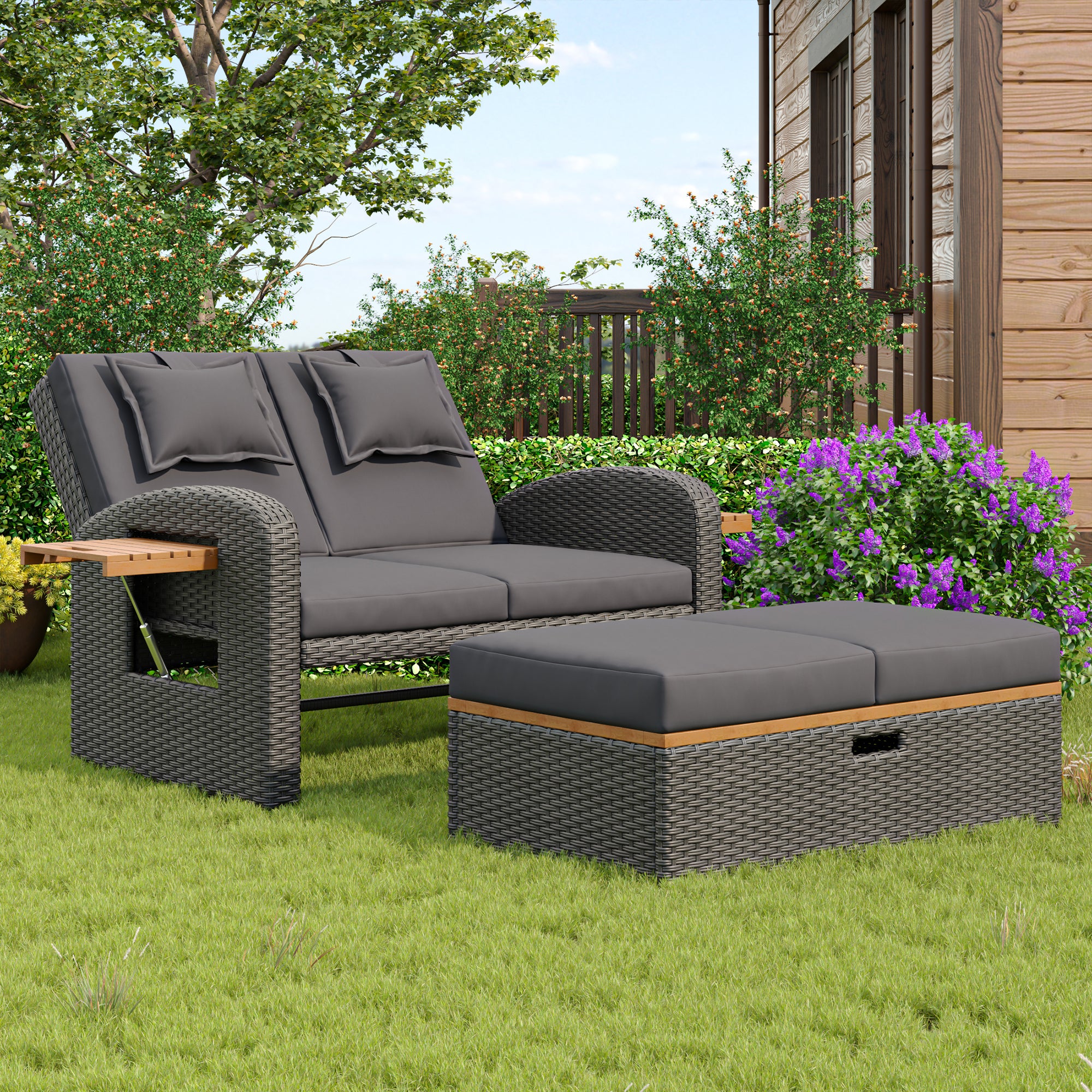 Garden Lounge Chair Set 2-Person Adjustable Back Convertible Bed - Grey Rattan