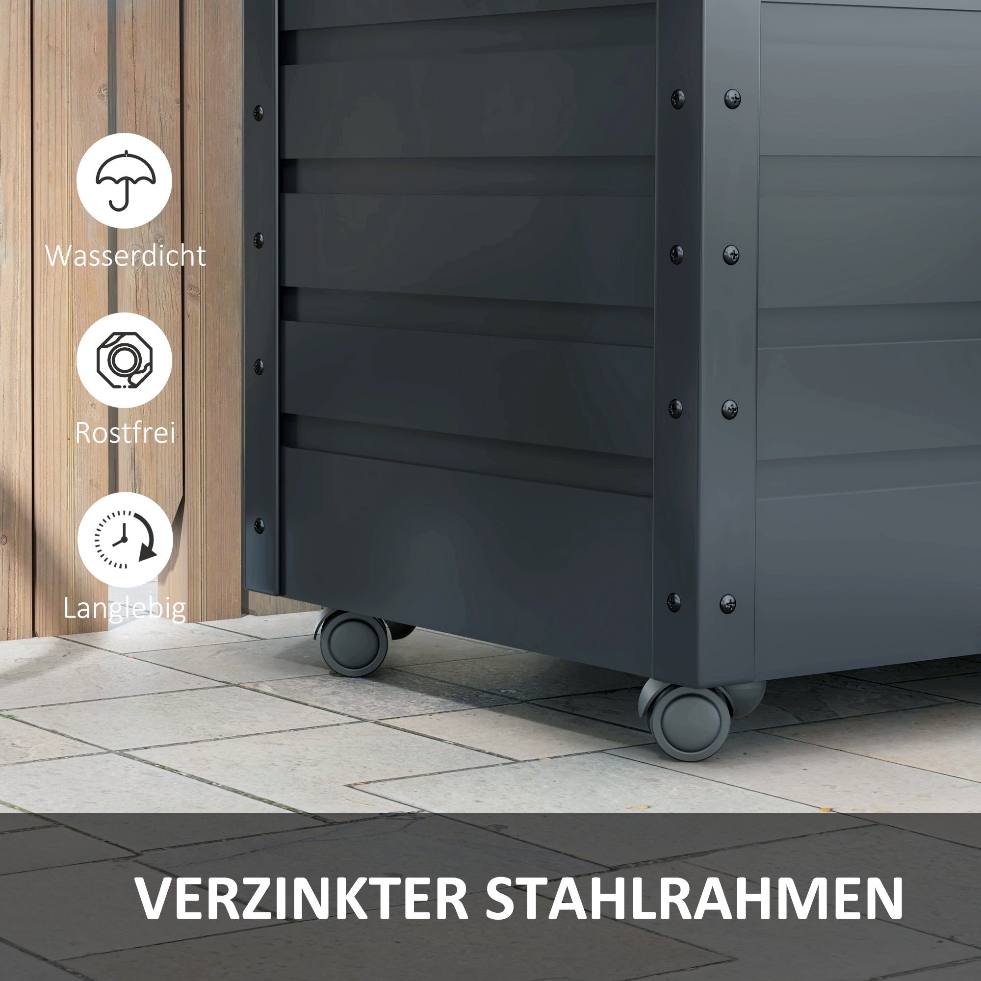 Garden Box Storage Box with Wheels, Lock, Handle Dark Grey