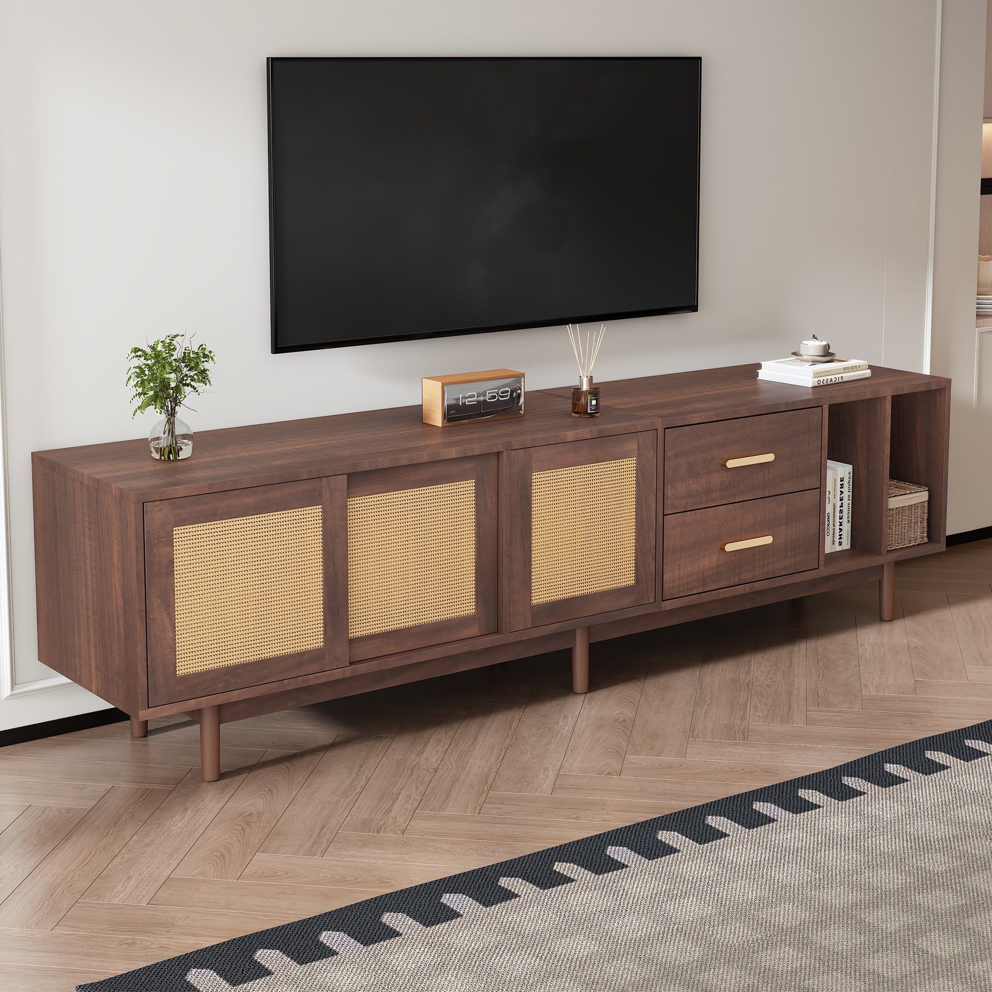 TV Cabinet, 190x40x52cm Lowboard with Drawers, Rattan MDF, Brown