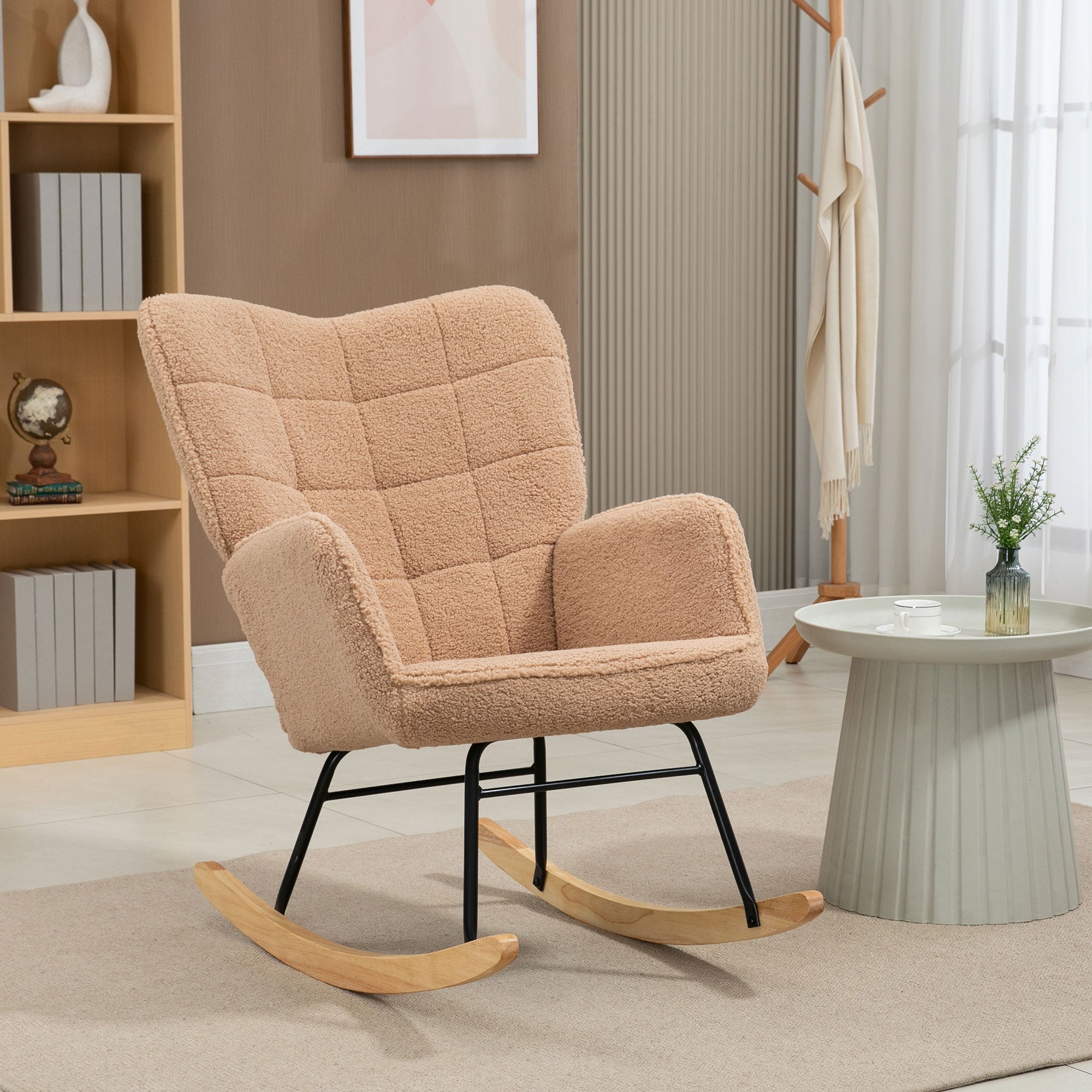 Rocking Wingback Chair, Soft Fleecey, Light Brown