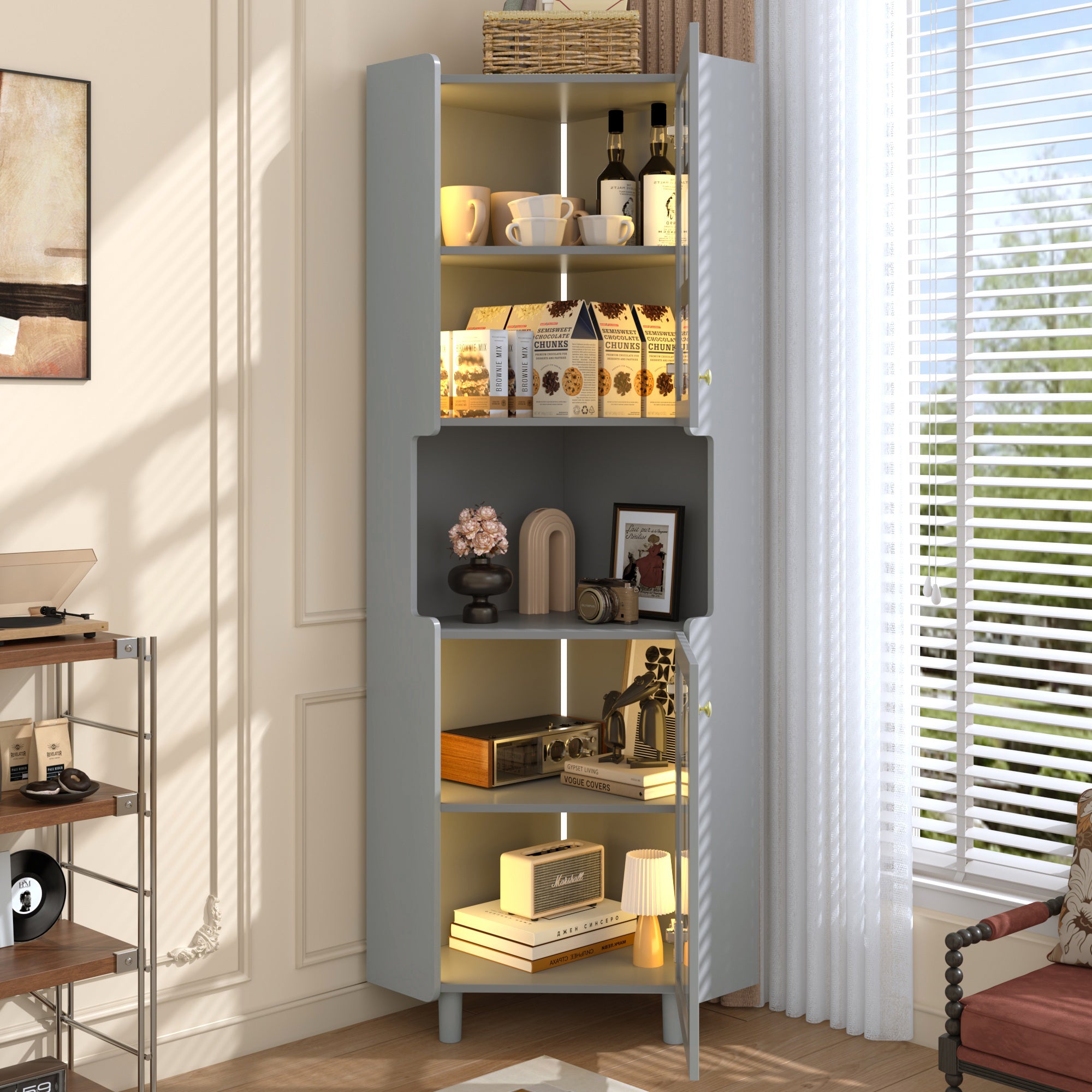 Corner Cabinet Multifunctional Storage LED Lacquer - Grey