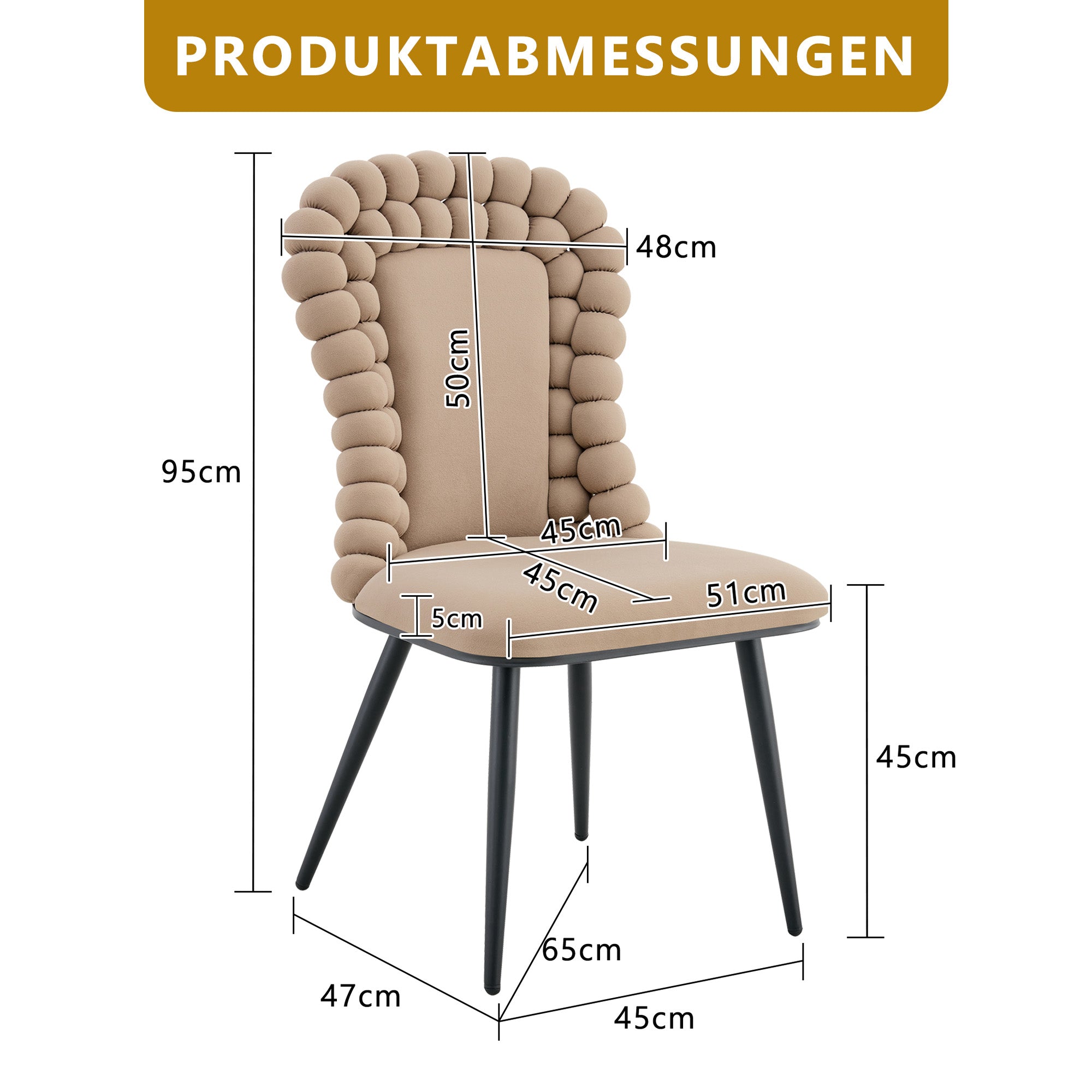 Dining Chairs (Set of 2), Ball Chain Backrest, Black Metal Legs, Camel Velvet