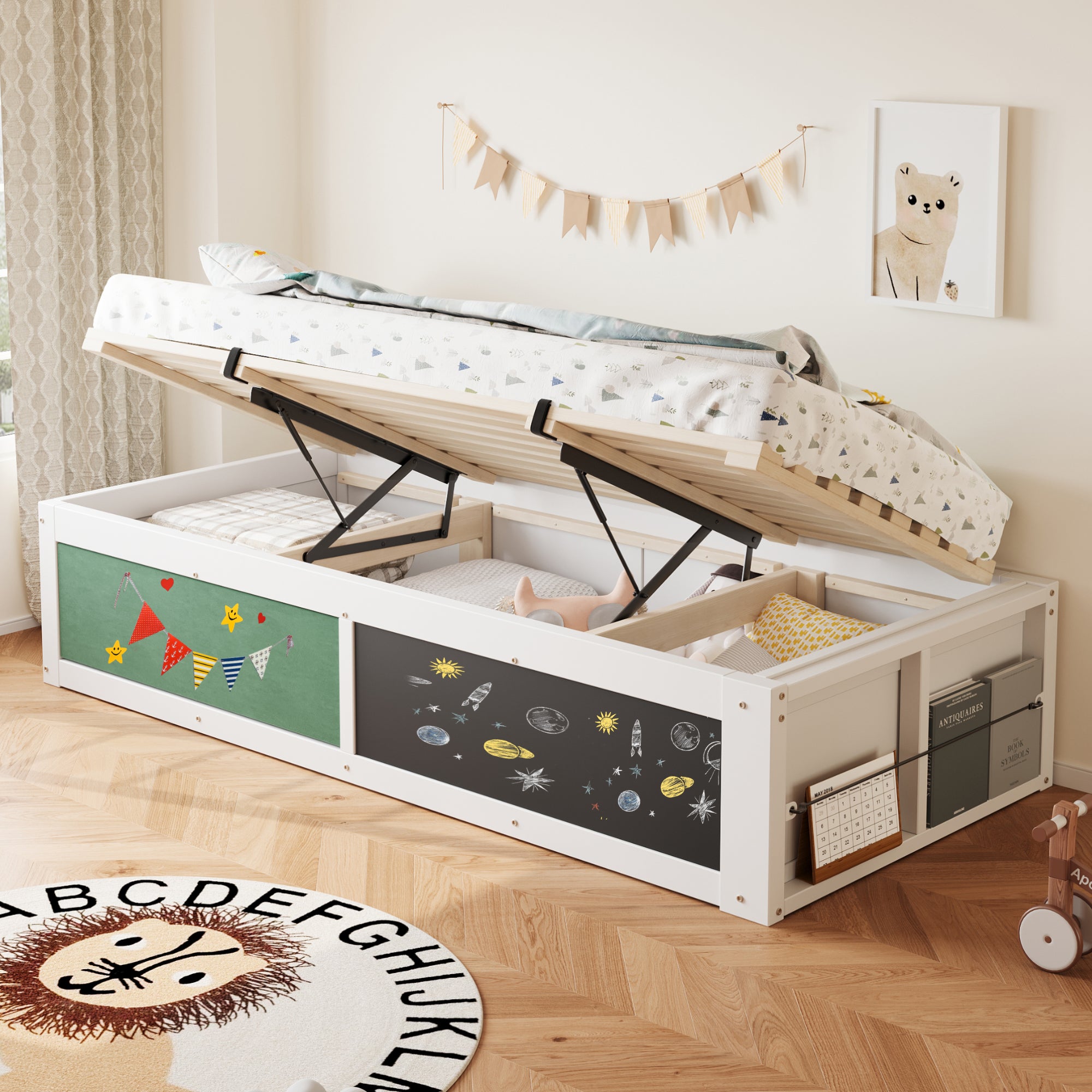 Wooden Bed 90x200cm Hydraulic Storage Writing Surface White
