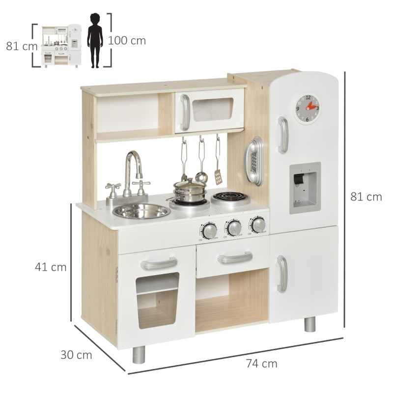 Children's Kitchen Playset with Accessories and Storage for Ages 3+, Pine and MDF, White