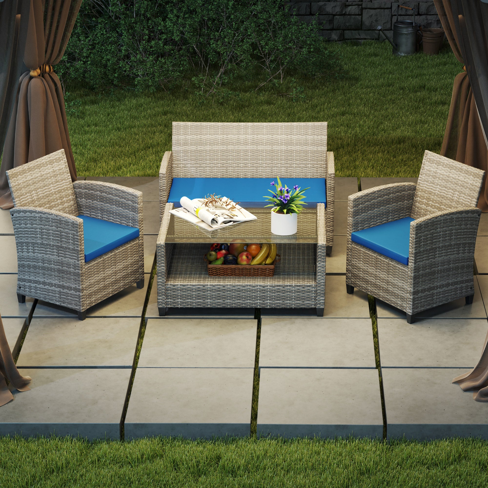 Outdoor Seat Cushion Pads, 3 PC Rattan Furniture Set, Sky Blue