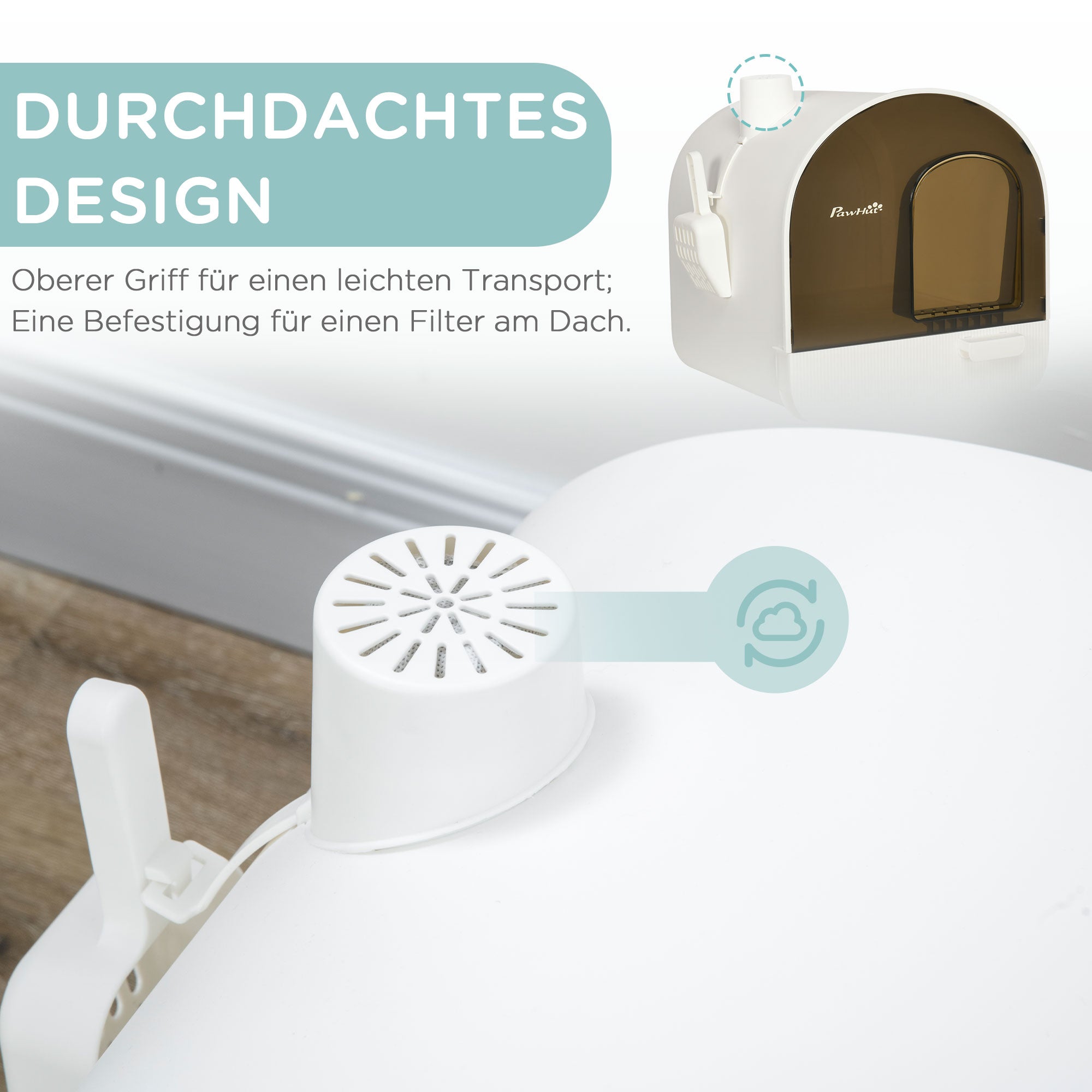 Cat Litter Box with Hood, Litter Mat, Plastic, White