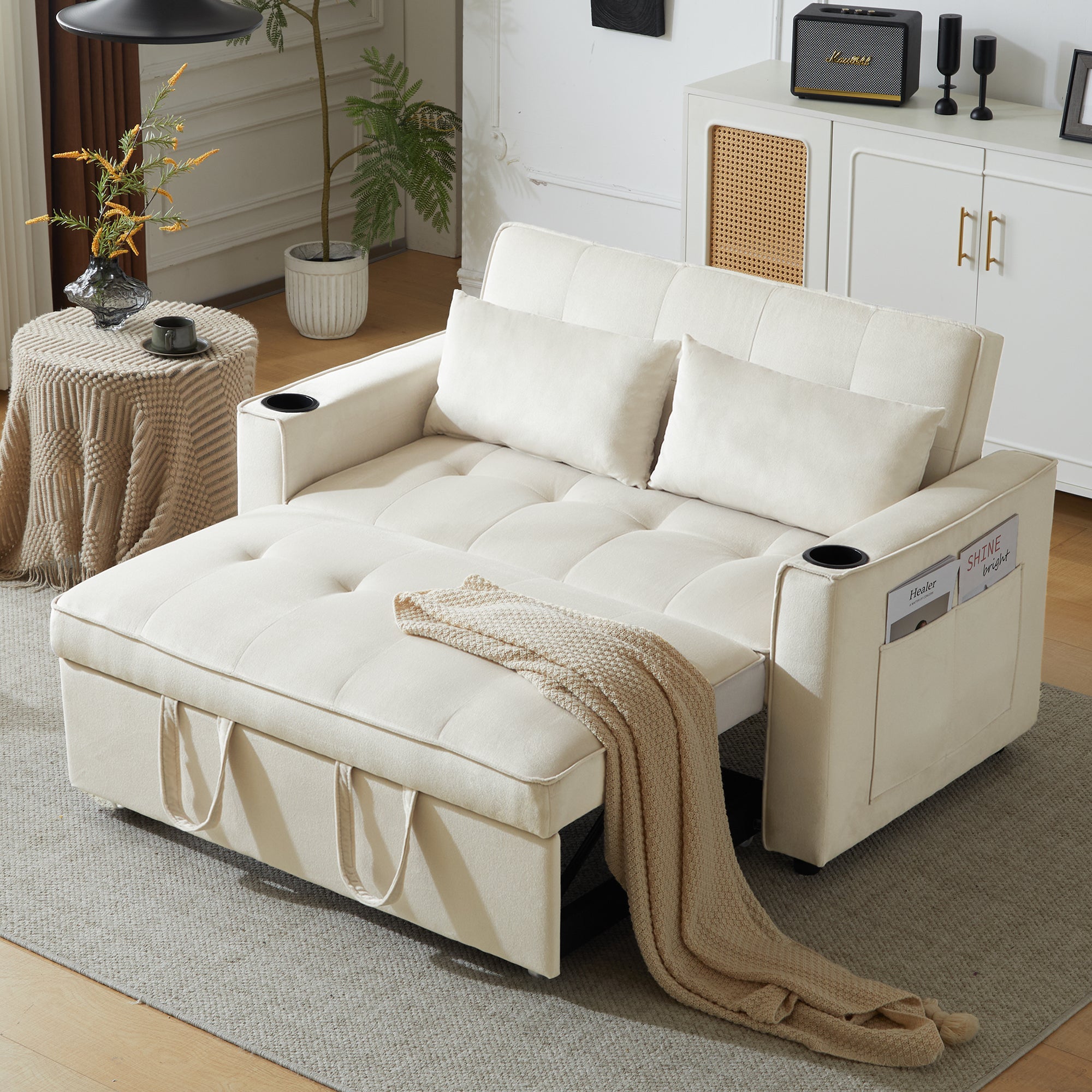 Folding Sofa Bed, Multifunctional with Cup Holder & Pillow, for Living Room, Bedroom, Home Theater