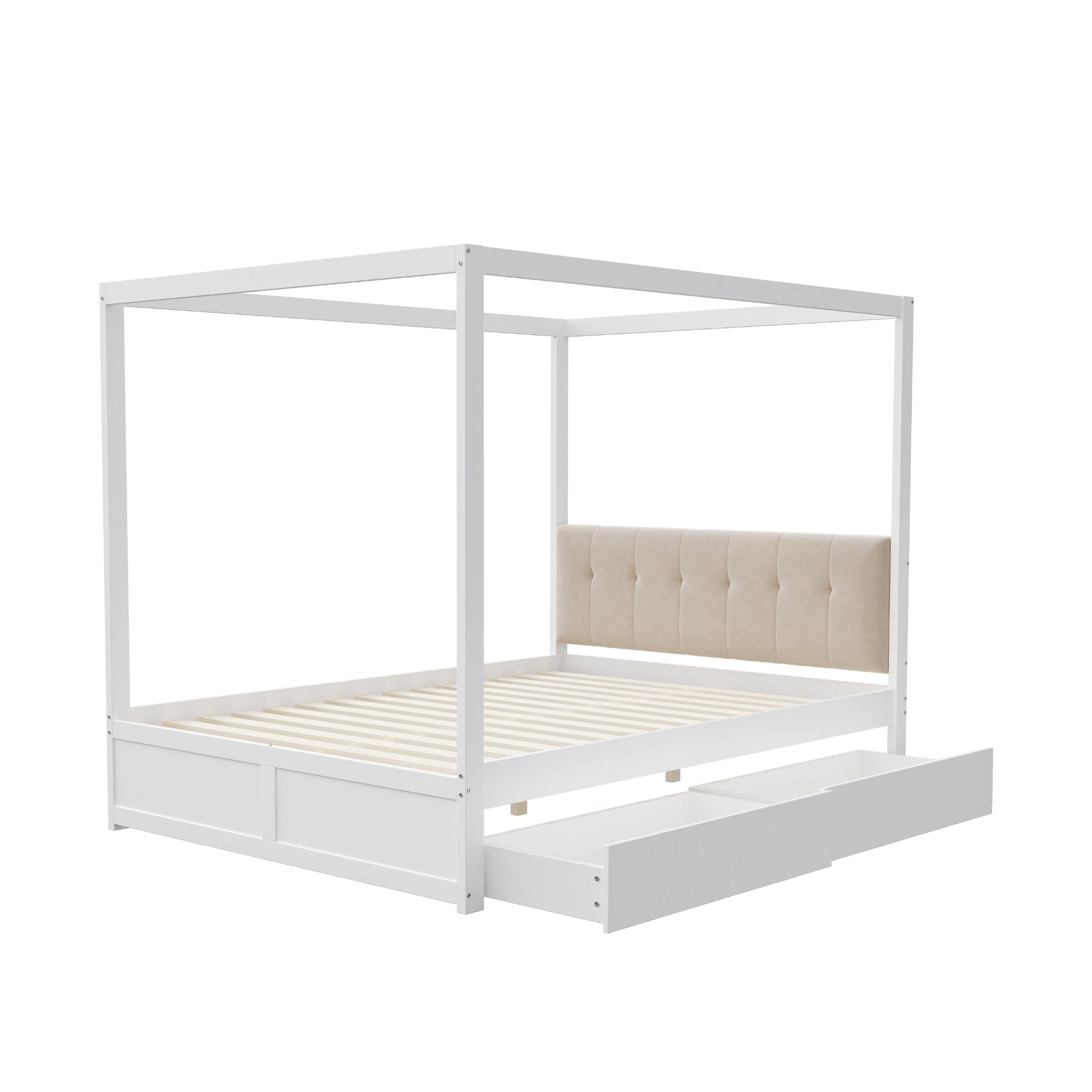 Canopy Bed, 140x200cm Large Drawers Soft Headboard, Wooden White