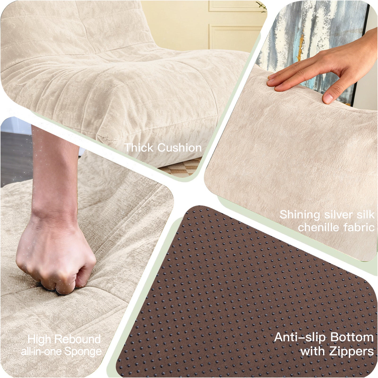 Luxury Bean Bag Lazy Sofa Neck Lumbar Hip Support, Easy Clean Chenille