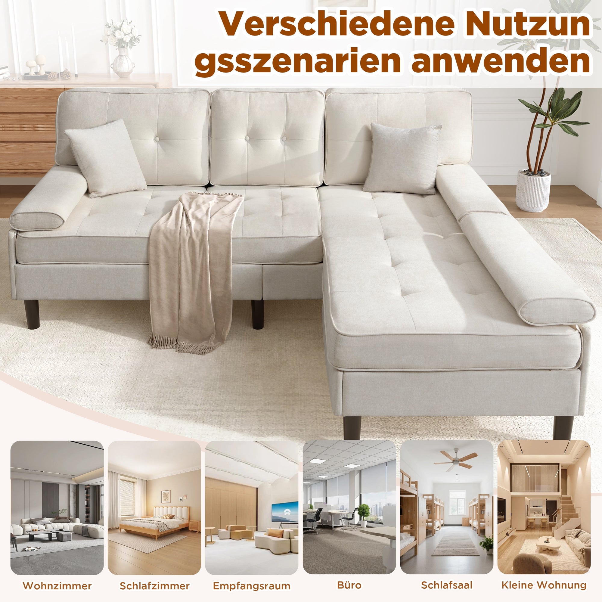 L-Shaped Corner Sofa 3-Seater Sleeper Sofa Bed w/ Chaise & Movable Footrest 195cm - Chenille