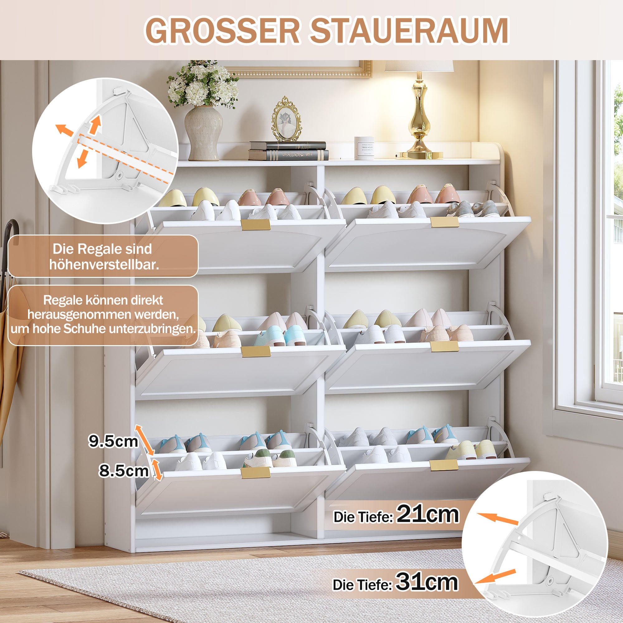 Space-Saving Tall Shoe Cabinet 6 Drop-Down Compartments Freestanding White