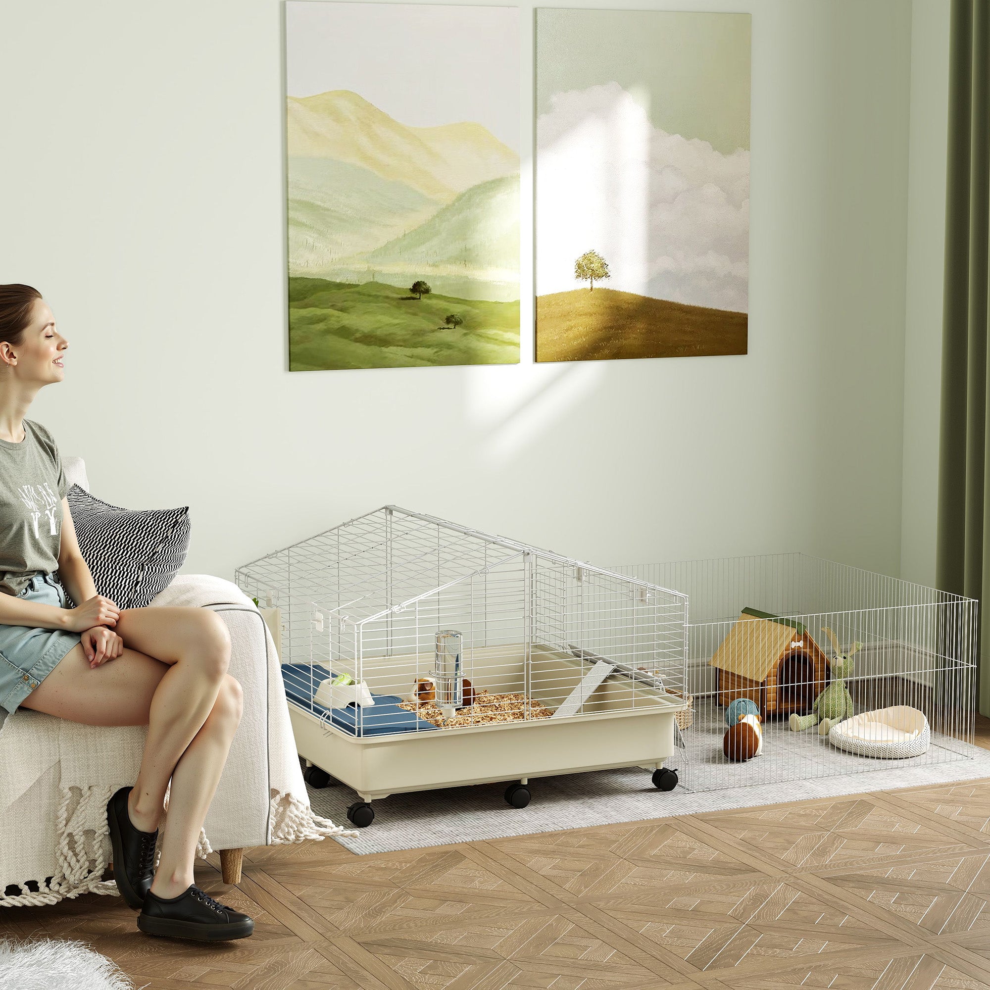 Small Animal Cage with Playpen, Rabbit Hutch and Wheels, White