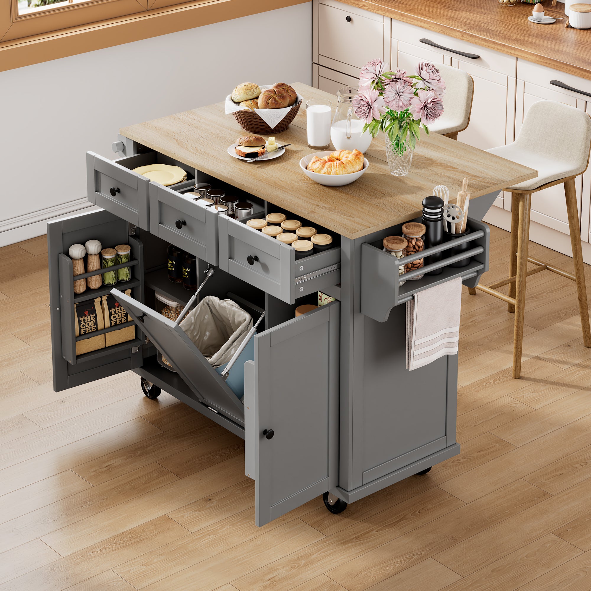 Mobile Kitchen Island with Extendable Dining Area and Waste Bin, Grey