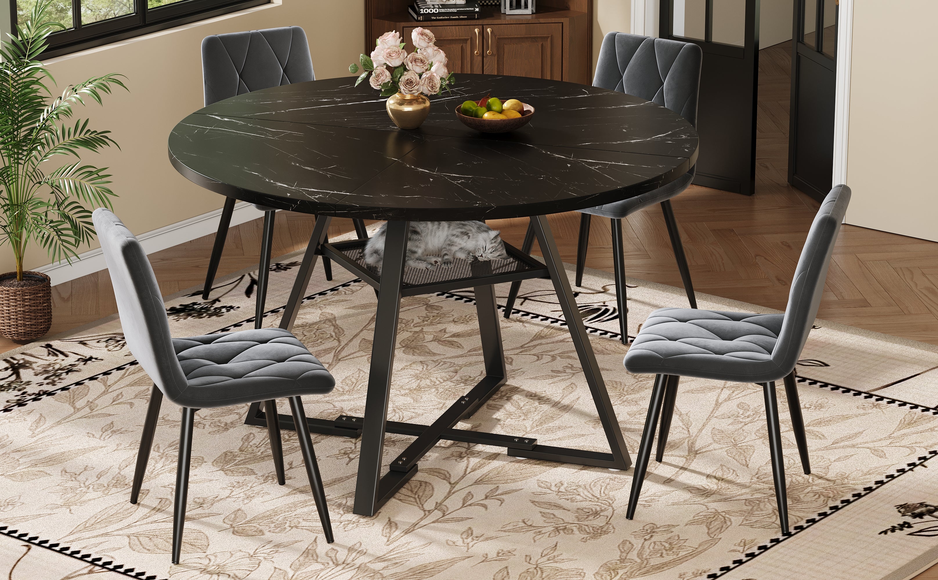 Round Dining Table, Kitchen Breakfast Table Metal Legs, Marble Look Black/White