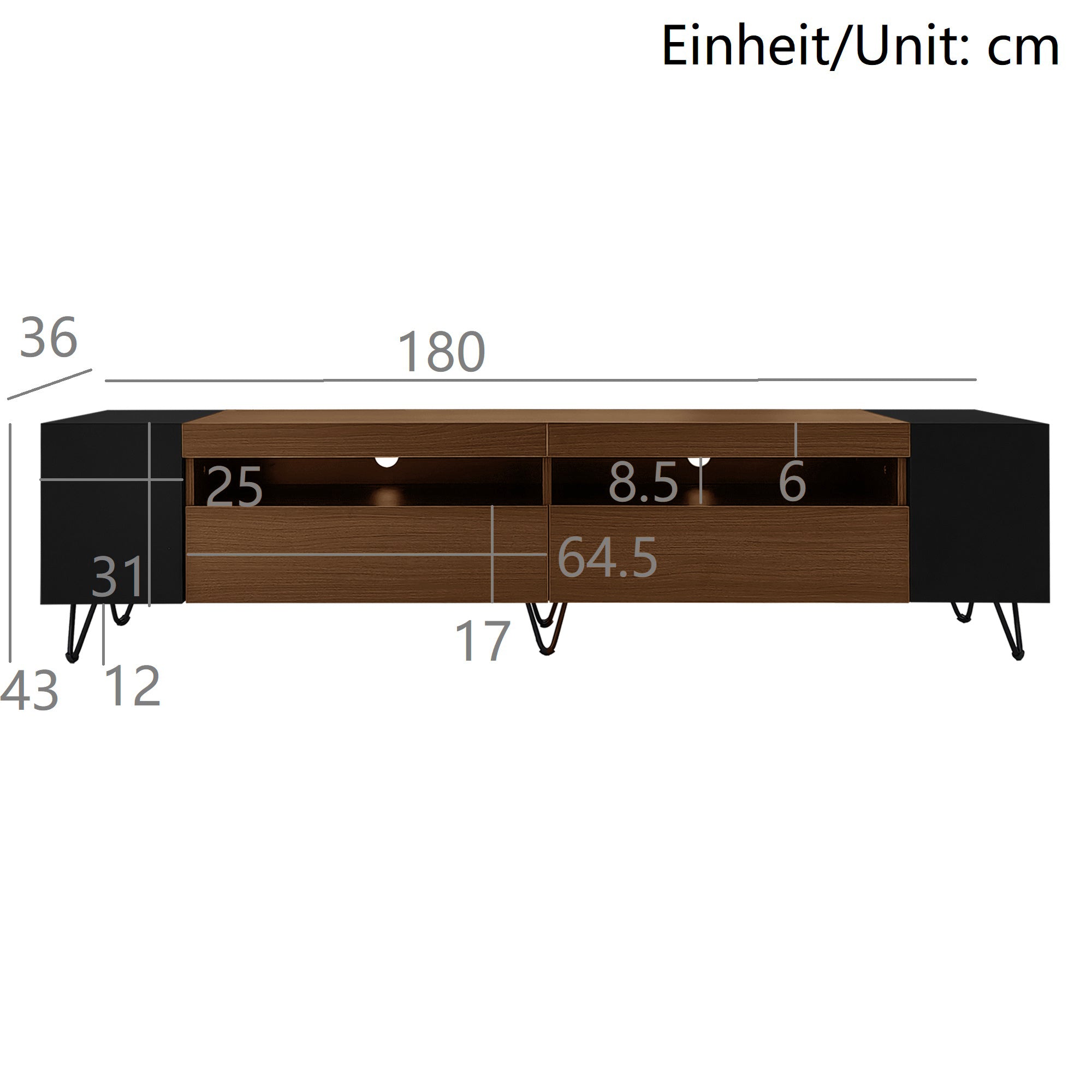 Modern TV Cabinet 180cm, Black and Wood Look