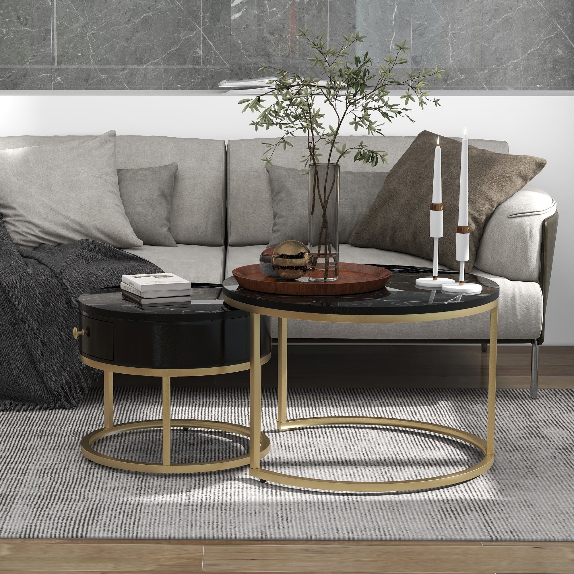 Modern Nesting Coffee Table, Set of 2 Round Side Tables with High Gloss Marble Pattern, Black MDF