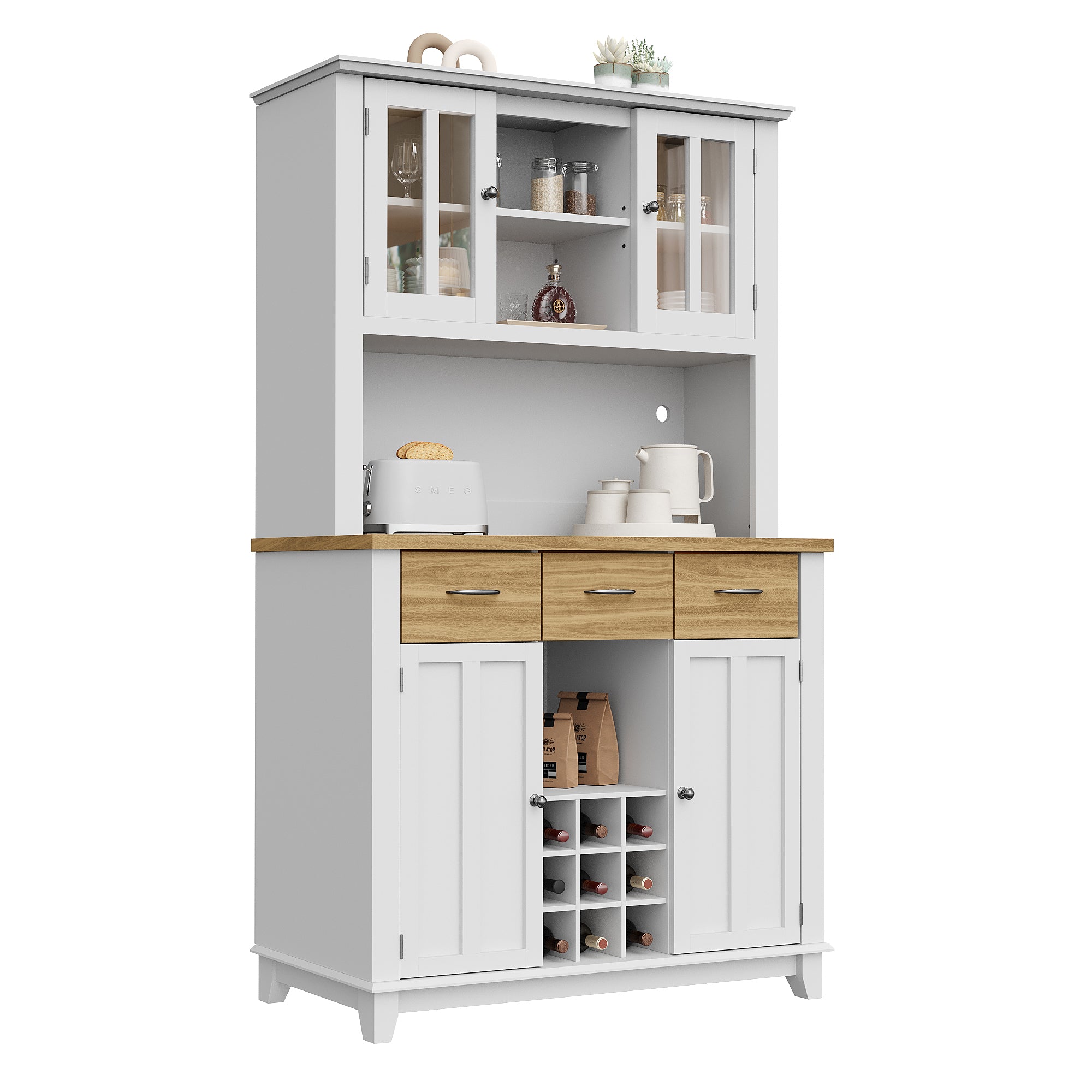 Tall Kitchen Buffet Display Cabinet Adjustable Shelves LED Lighting Wood-Colored Drawers