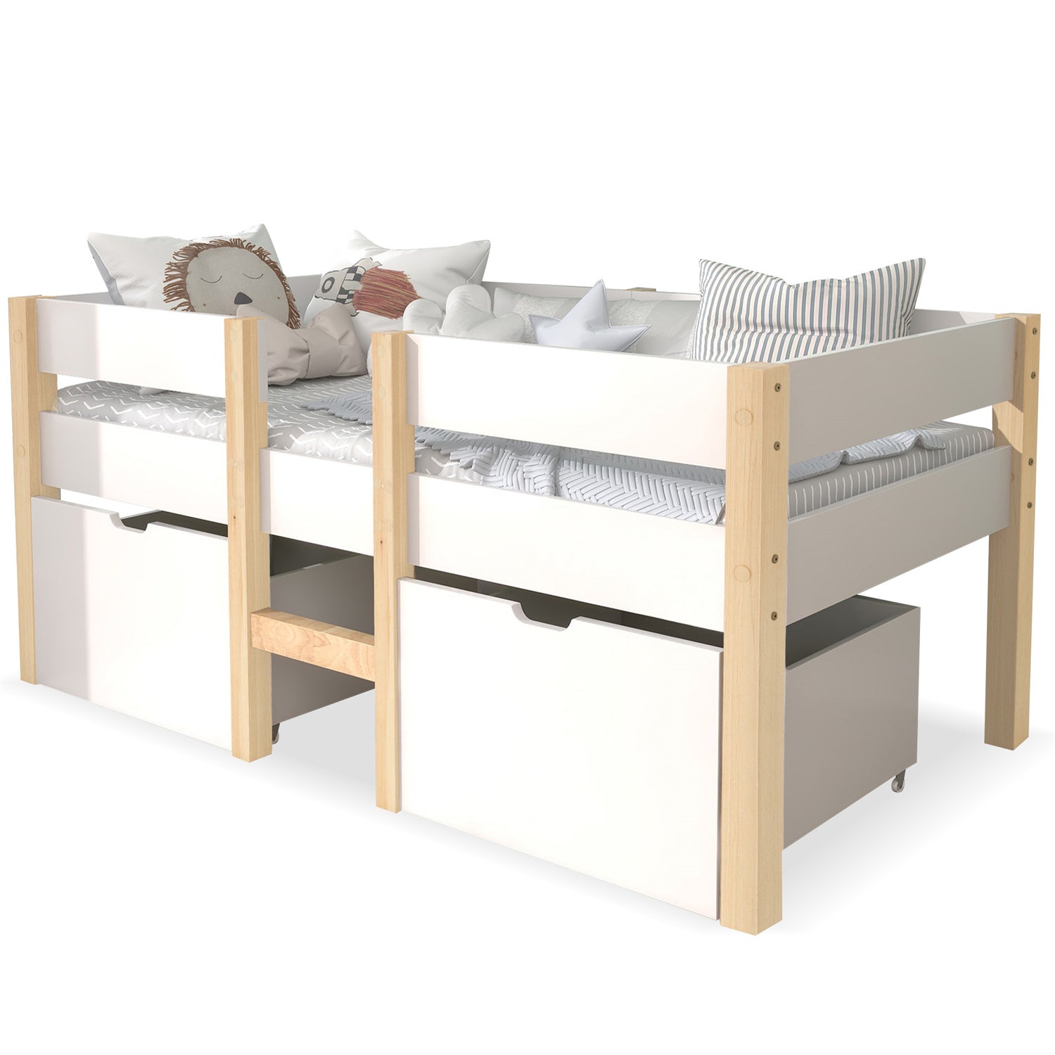 Children's Bed with Drawer & Fall Protection, 90x190cm, Solid Pine Wood, White & Oak