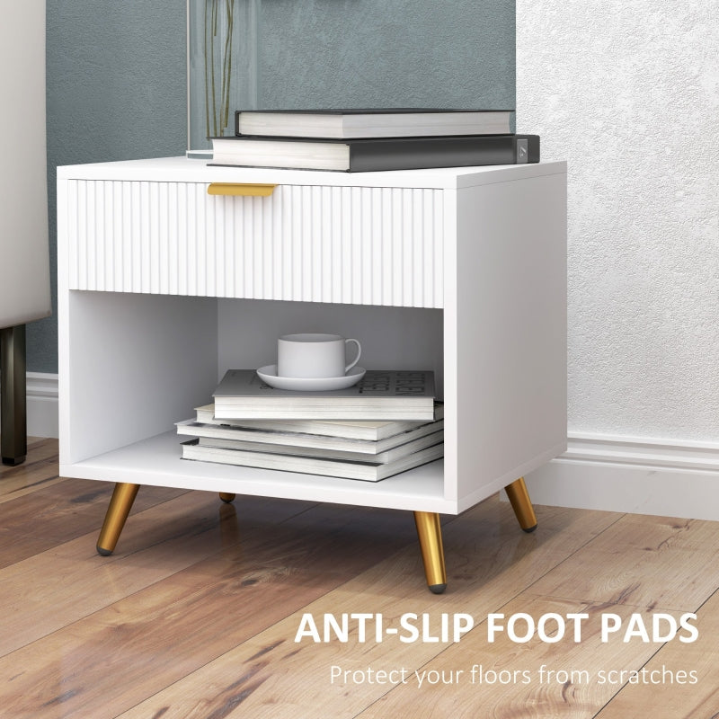 Bedside Table with Drawer and Shelf, Elegant White/Gold Tone