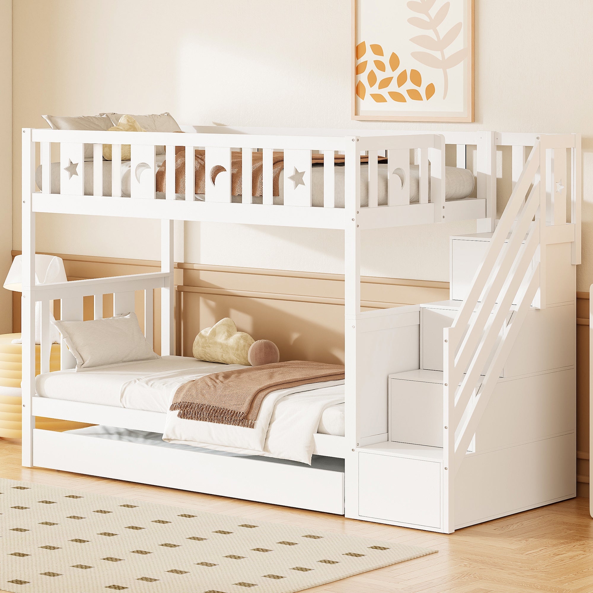 Children's Bunk Bed, 90*200 cm with Pull-out Bed, Safety & Storage Stairs, Solid Wood White