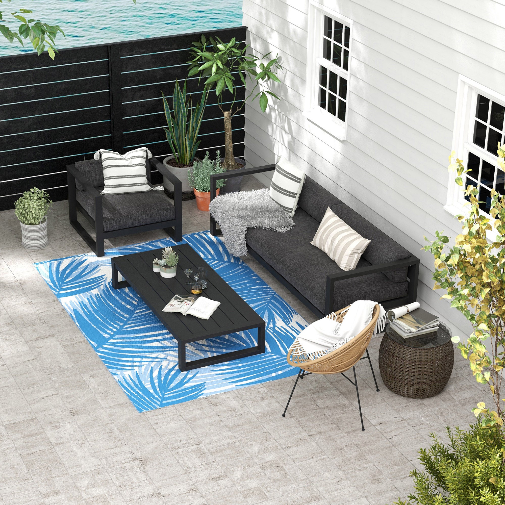 Reversible Rug, 182x274cm Outdoor Camping Patio, Blue Plastic