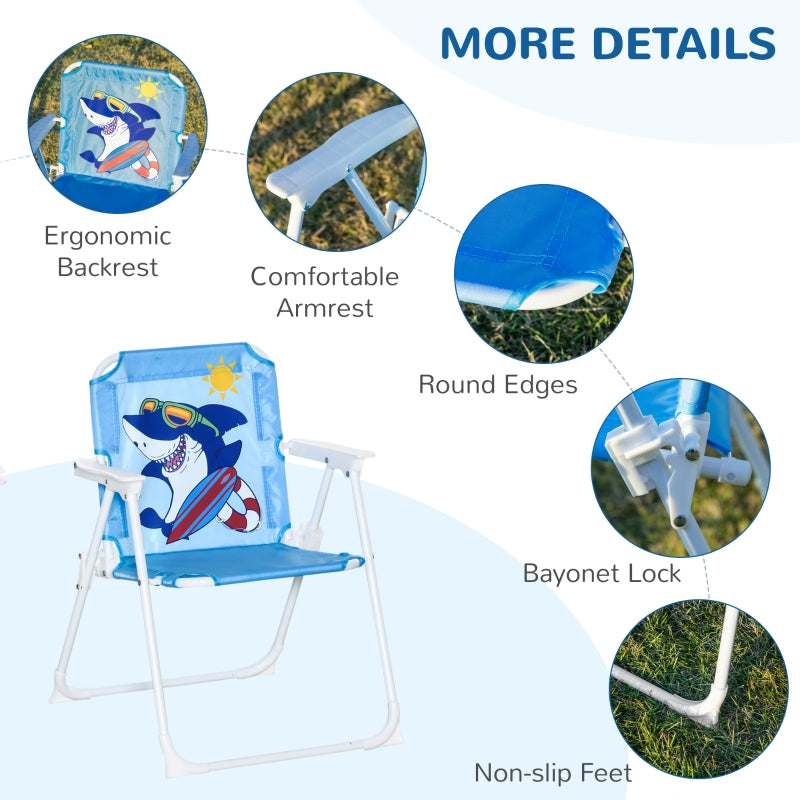 Kids Outdoor Bistro Table and Chair Set, Folding Shark Design Sun Umbrella, Blue