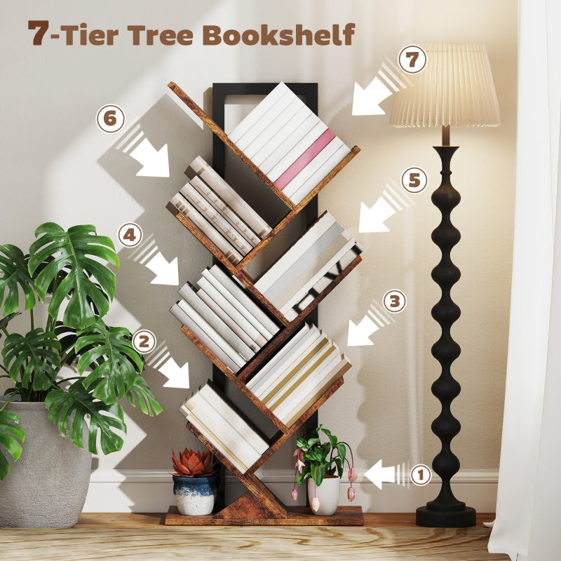 Tree Bookcase, Six-Section Storage Display, Wood-Effect