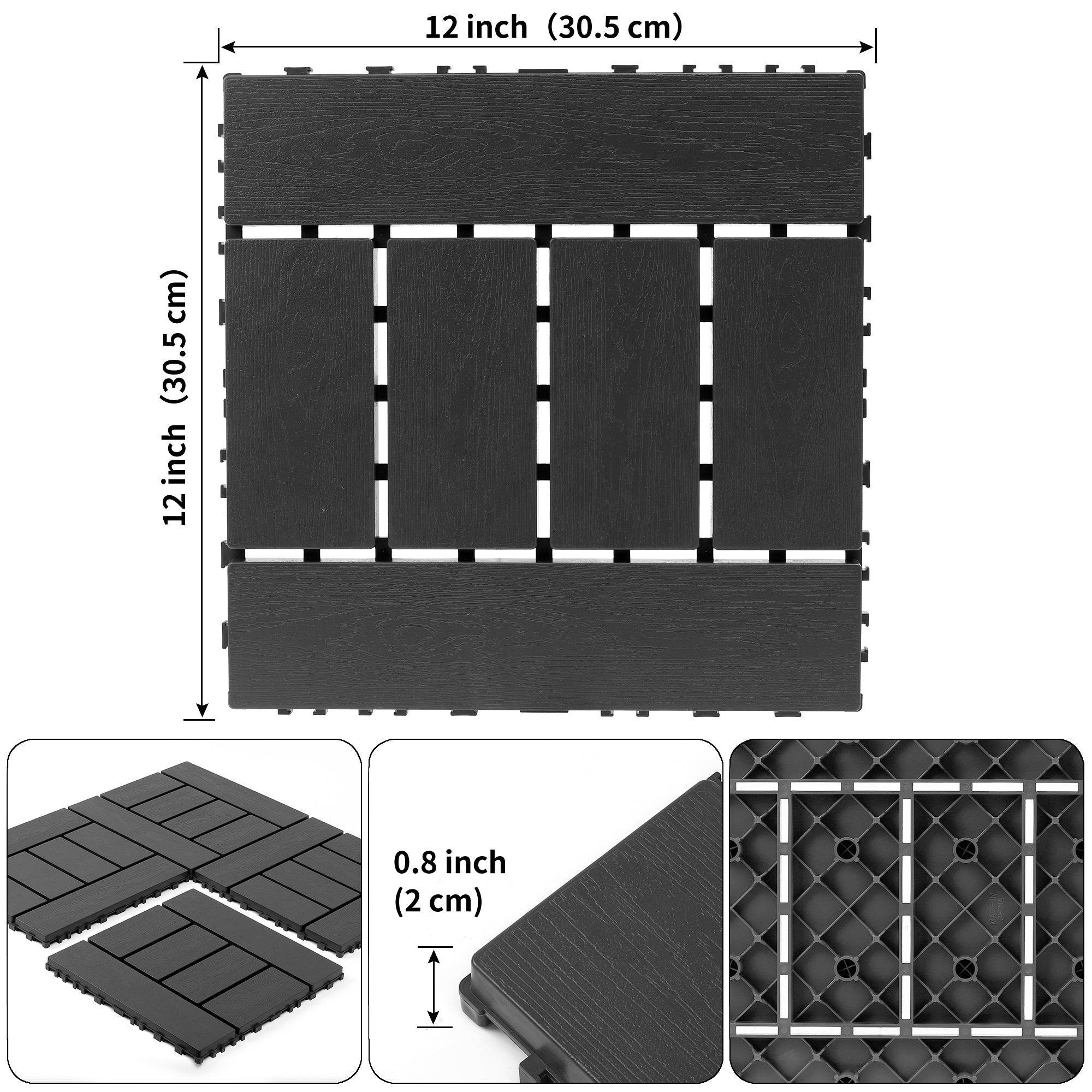 H Style 12" Patio Deck Tiles DIY Interlocking Indoor Outdoor Floor Tile 44pcs DARK GRAY