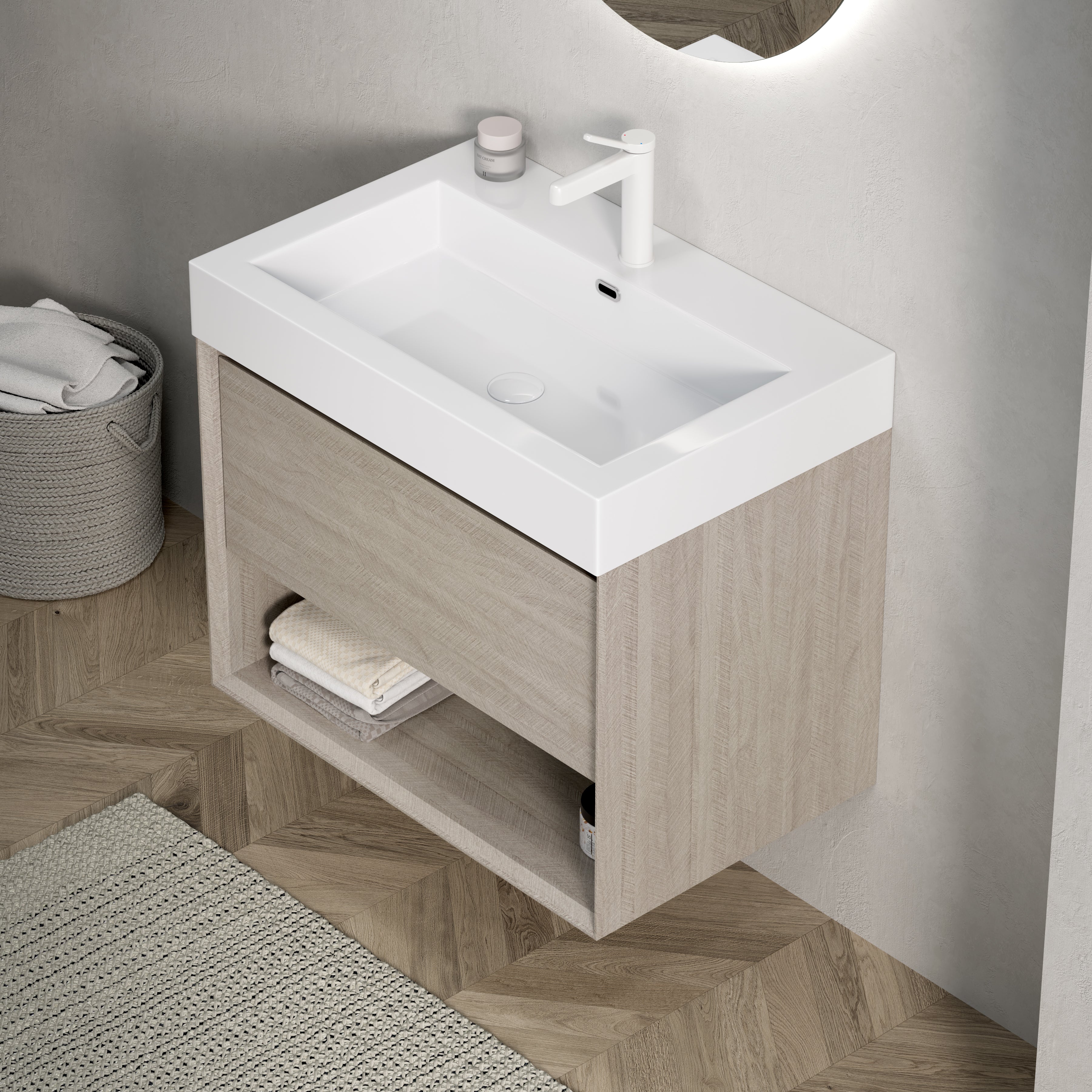 Wall-Mounted Bathroom Vanity Unit with Integrated Resin Basin, Drawer and Shelf, Light Oak Wood Grain