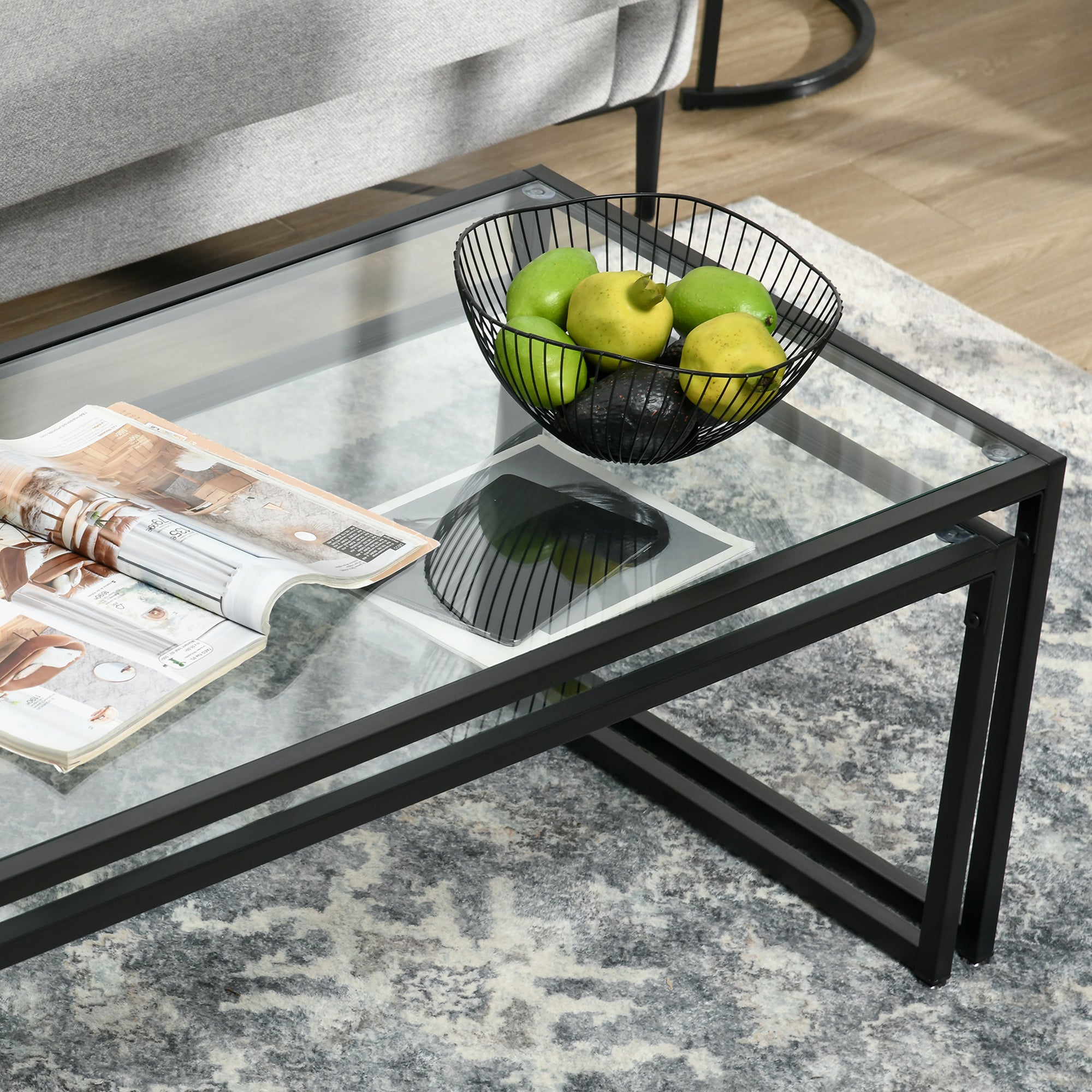 Coffee Table Set of 2 Nesting Side Table Glass Black Steel