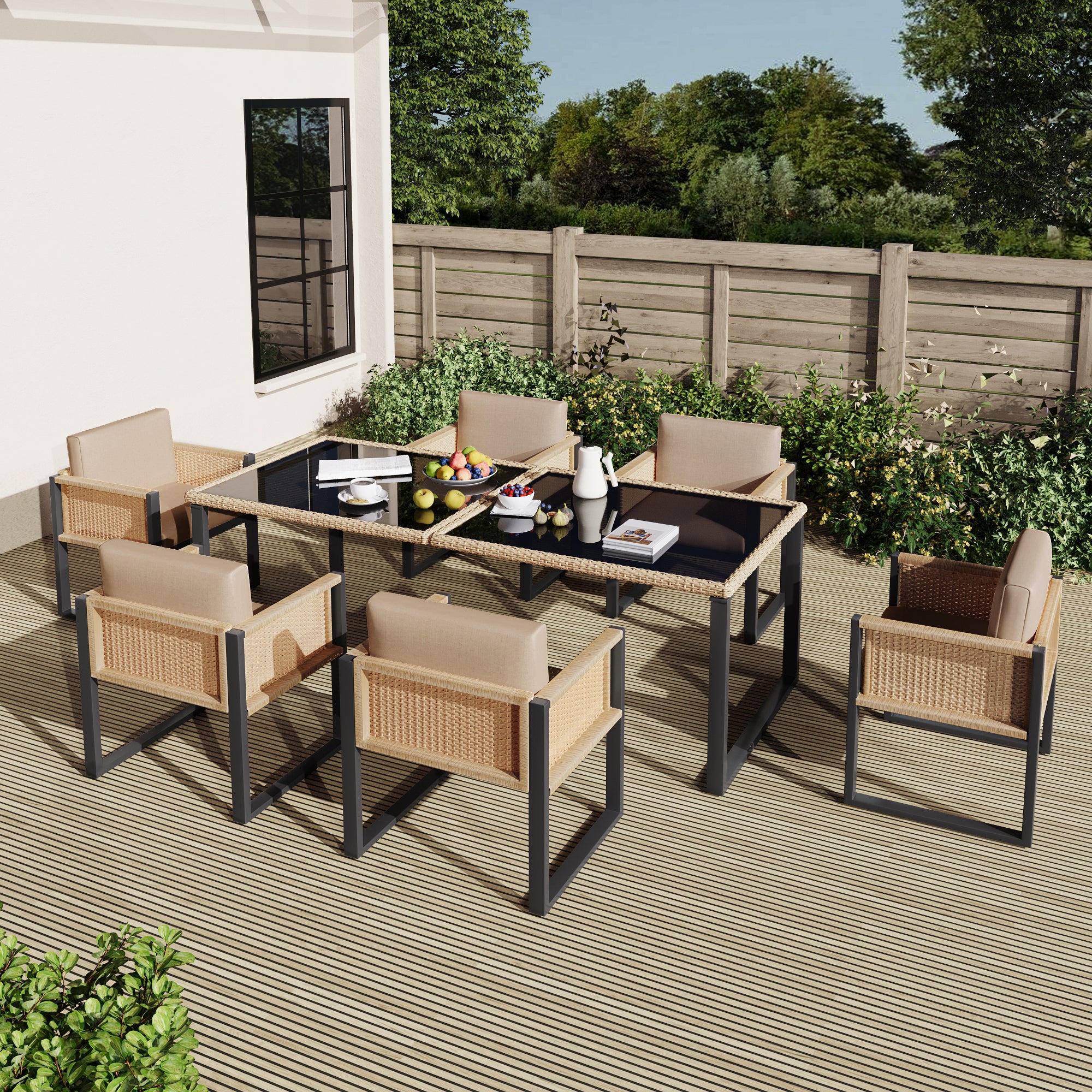 Polyrattan Dining Set 6-Person Armchairs Removable Covers