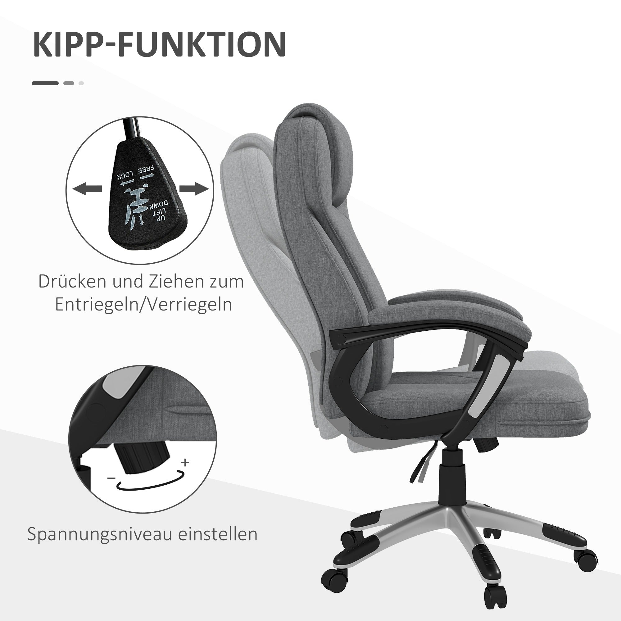 Vinsetto Office Chair Ergonomic Computer Rocking Function with Armrests, Grey Linen Look