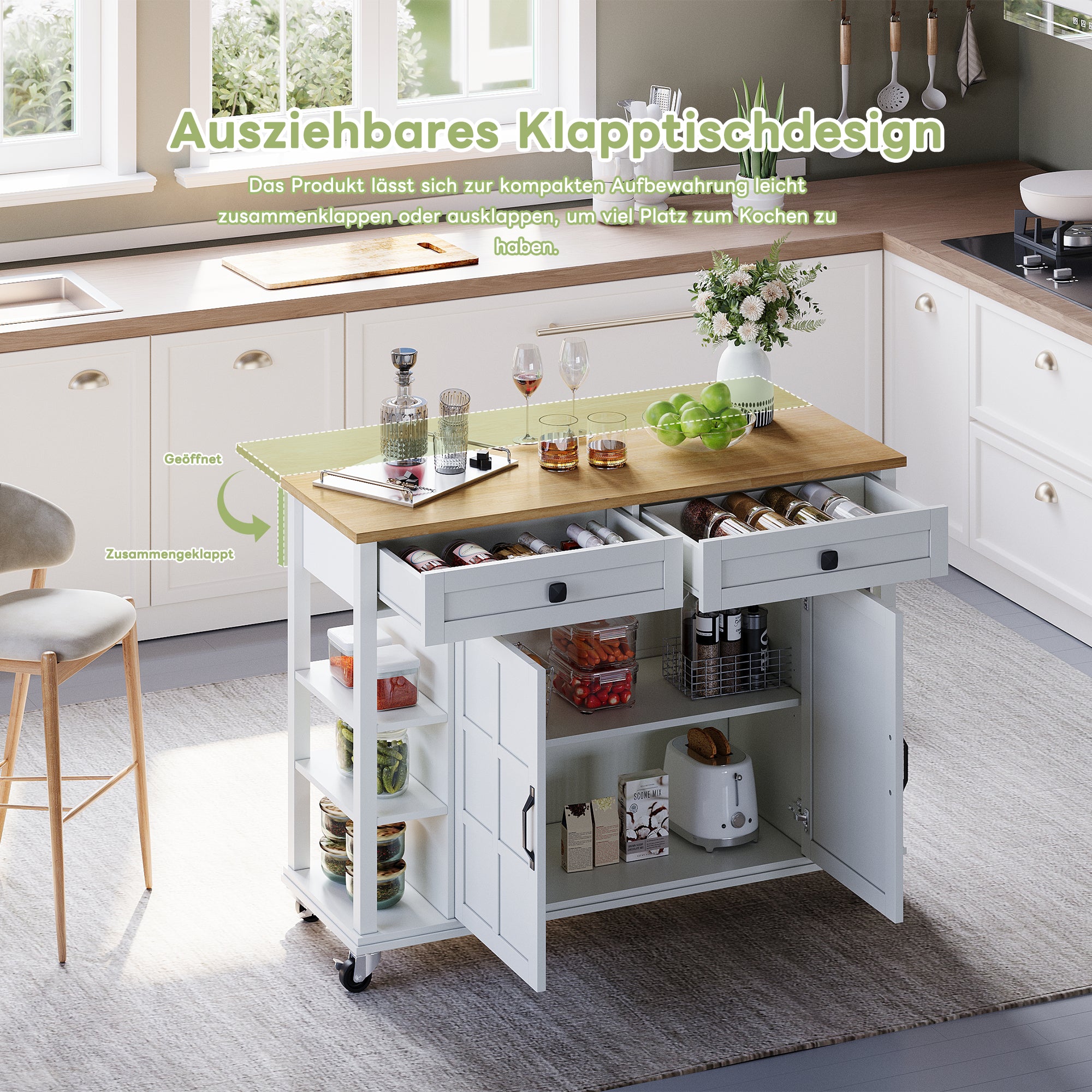 Multifunctional Kitchen Trolley, Fold-Down Worktop, 2 Drawers, On Wheels, Wood