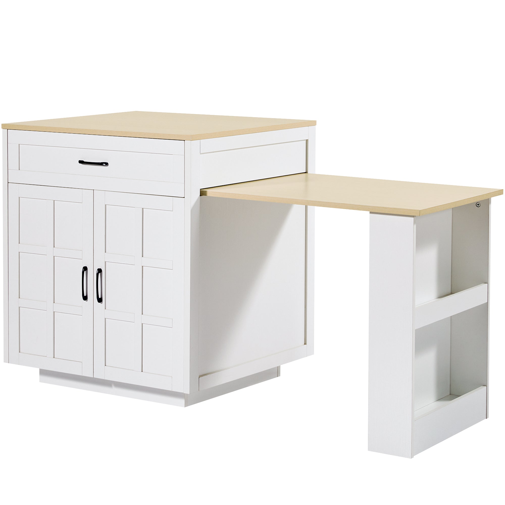 Extendable Bar Table Storage Drawers Shelves Kitchen Island - White