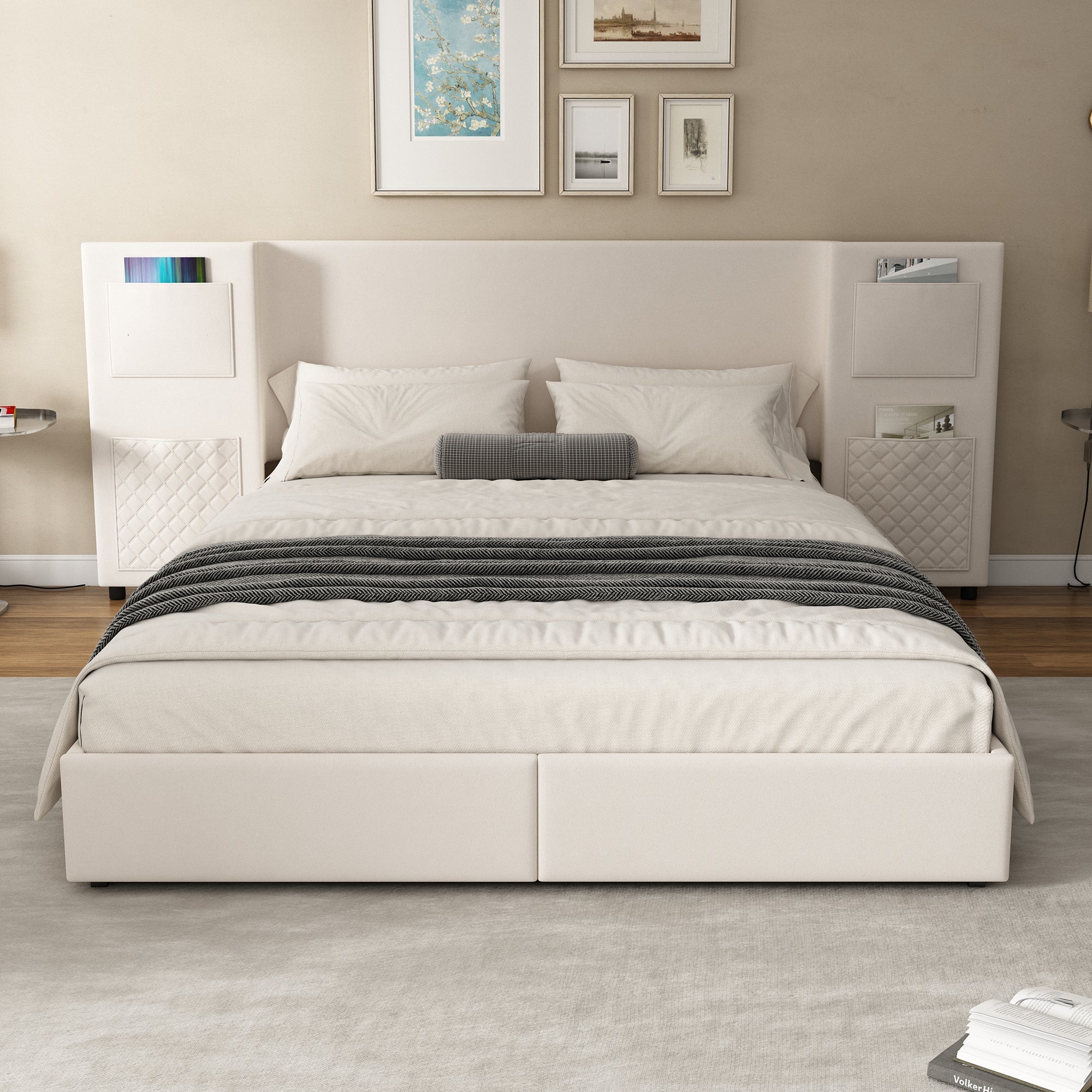 Upholstered Bed 4ft6 Double 135x190cm with Storage Pockets & Drawers, Beige Velvet