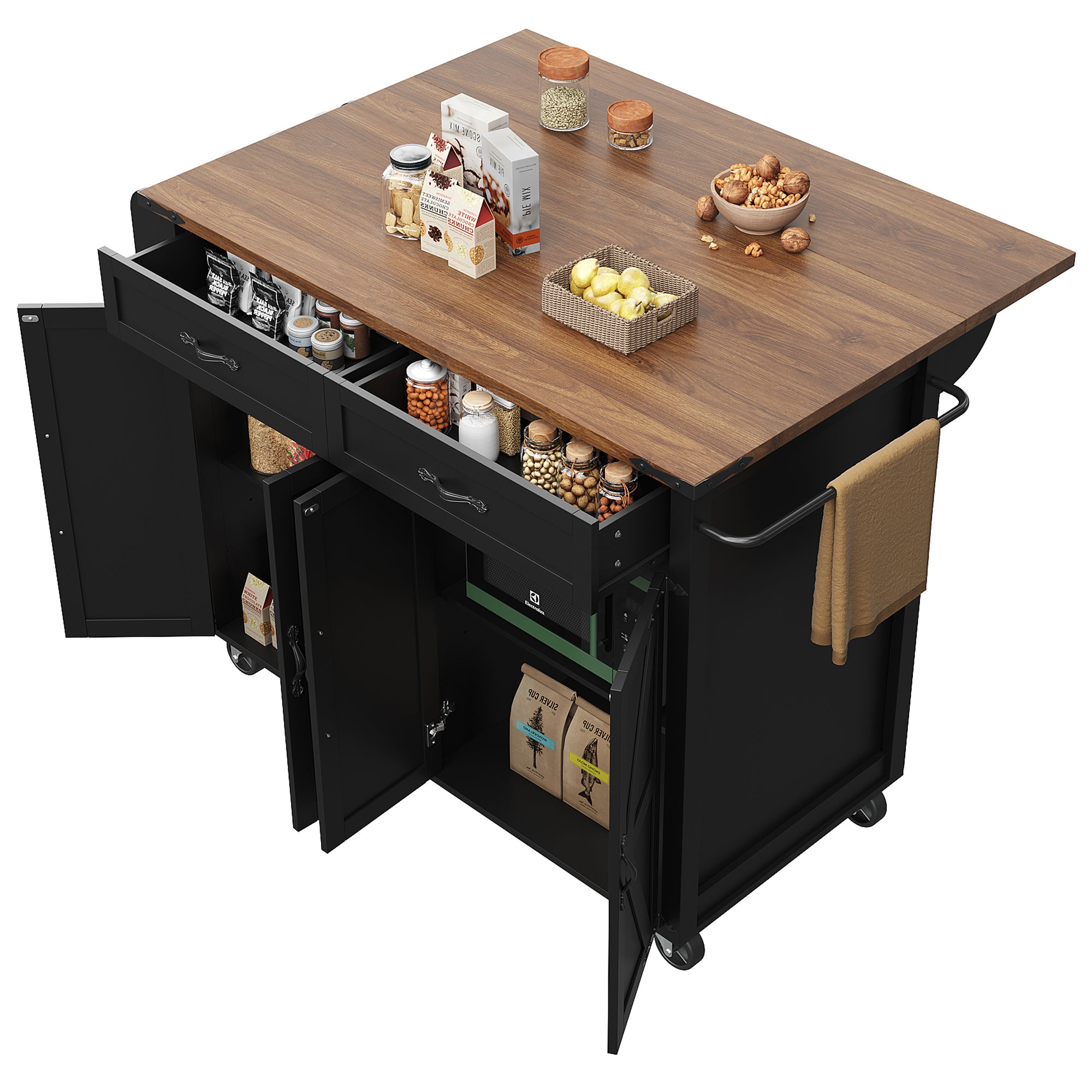 Kitchen Island Serving Trolley with Pull-out Worktop 4 Doors 2 Drawers Wood Grain Finish Black