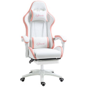 Computer Gaming Chair with Footrest, 135° Reclining Back, Lumbar Support, White and Pink PU Leather