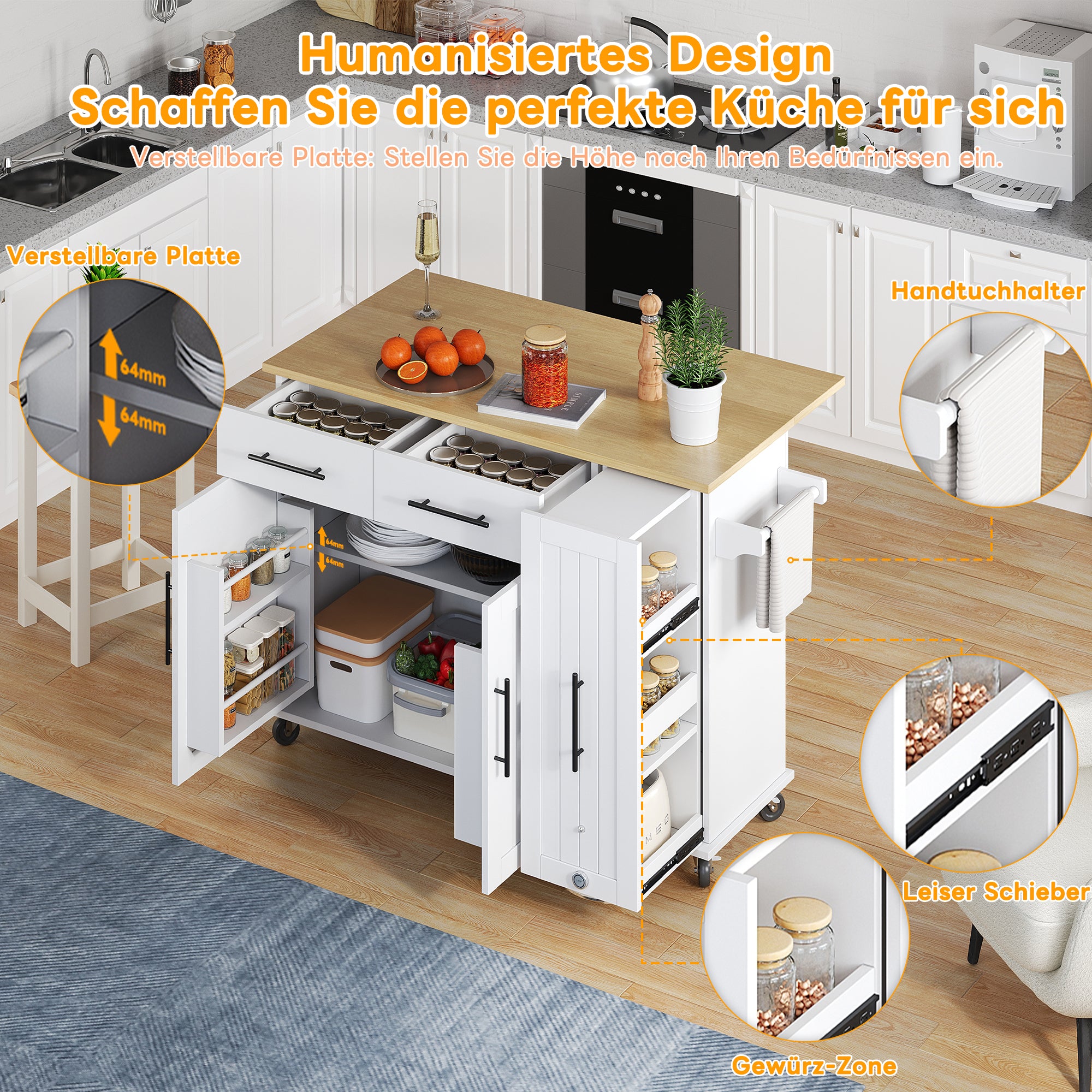 Kitchen Island Drop Leaf Storage Cart Rolling 3-Tier Pull-Out Organizer White